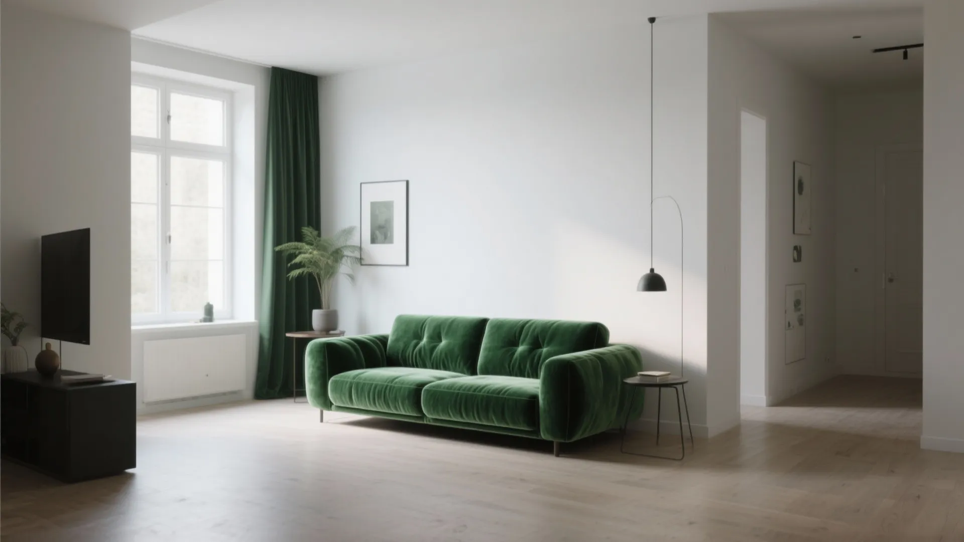 1. Minimalist style with a green velvet sofa