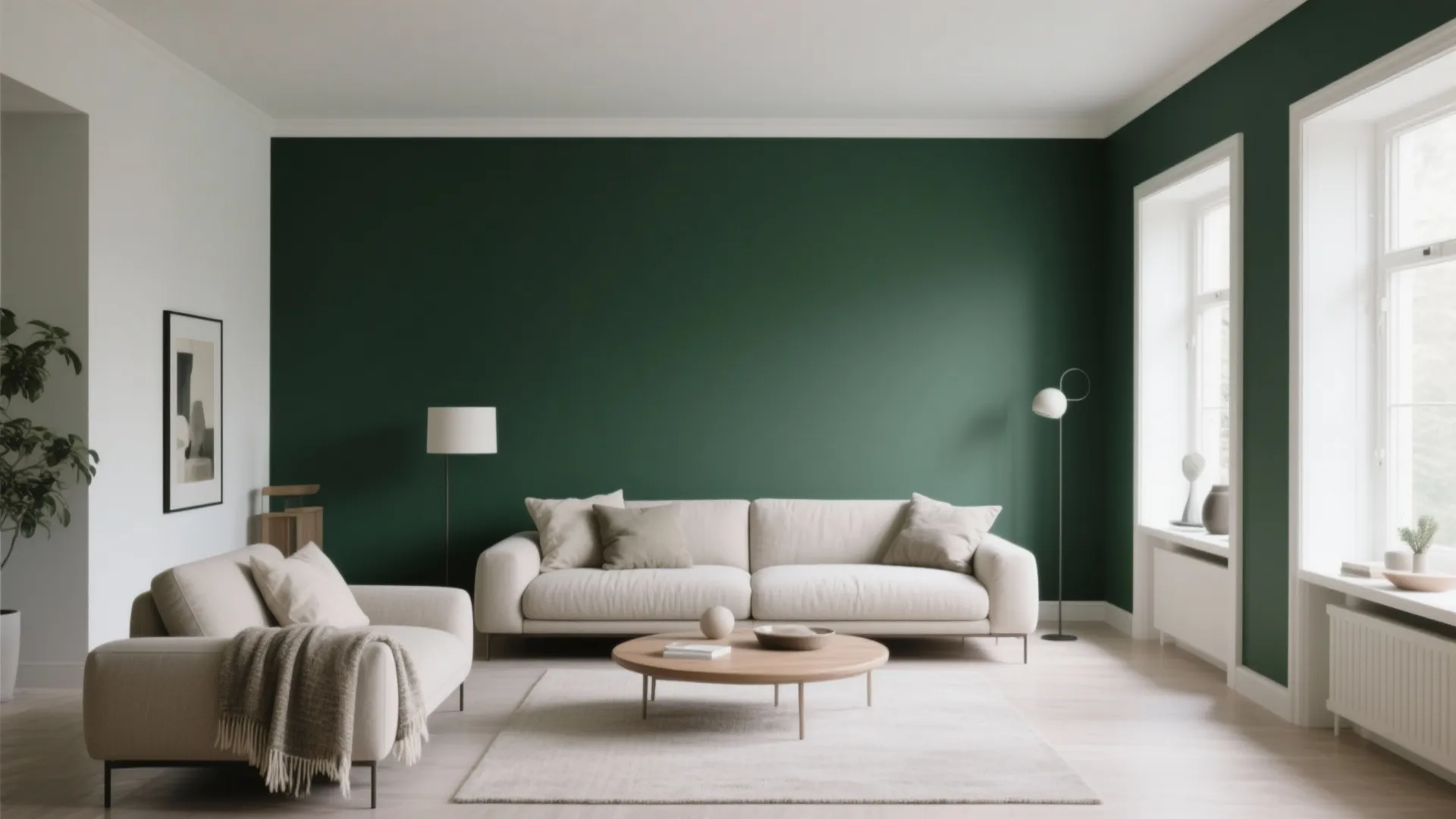 Minimalist living room with dark green wall cream sofa wooden coffee table and white light