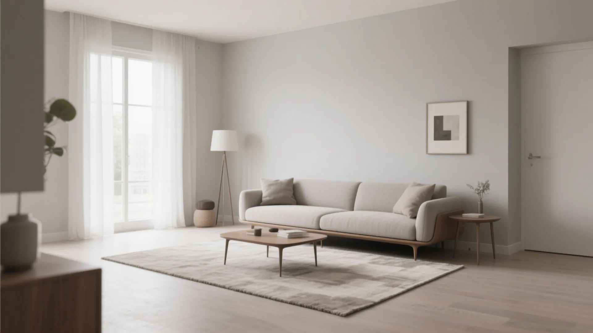 Minimalist greige living room with neutral walls and furniture
