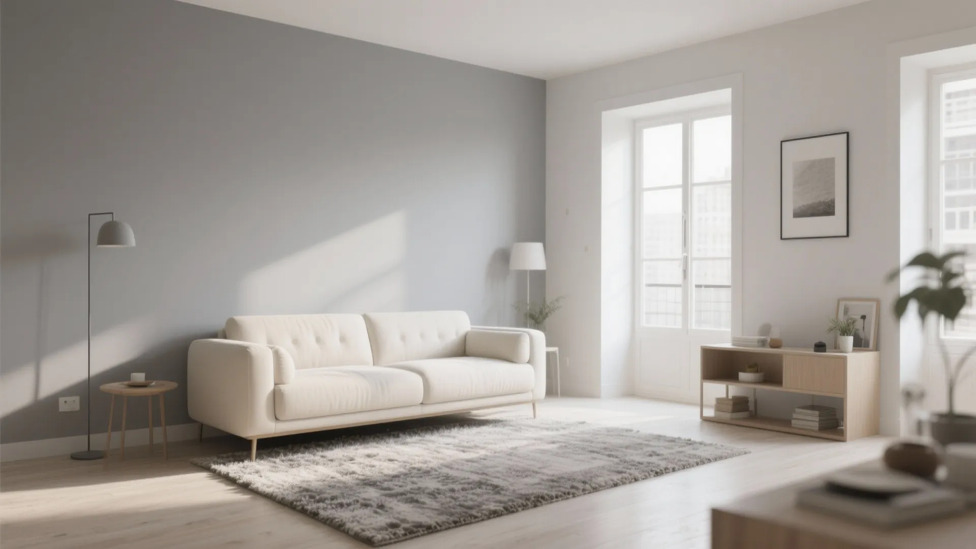 Minimalist living room featuring cream sofa, grey accent wall, large window, rug, and floor lamp