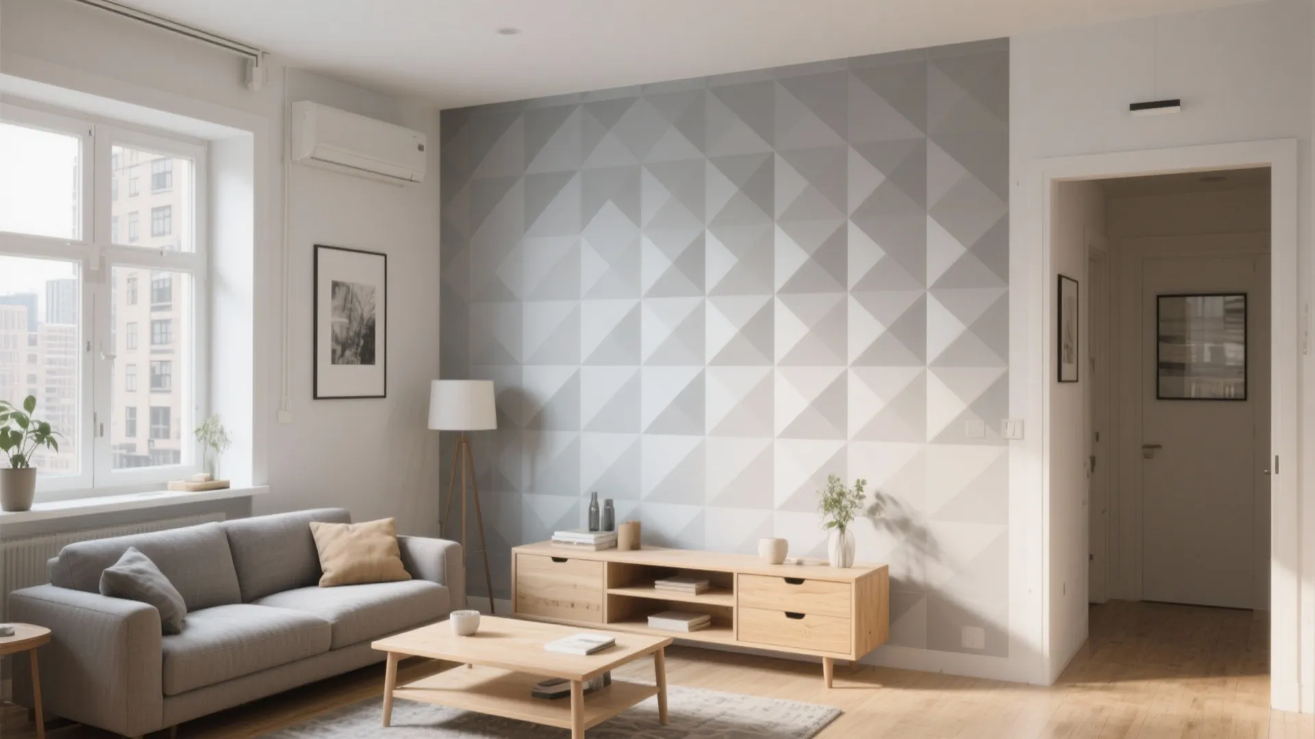 Modern living room with grey geometric wallpaper wooden cabinet small coffee table and natural window light