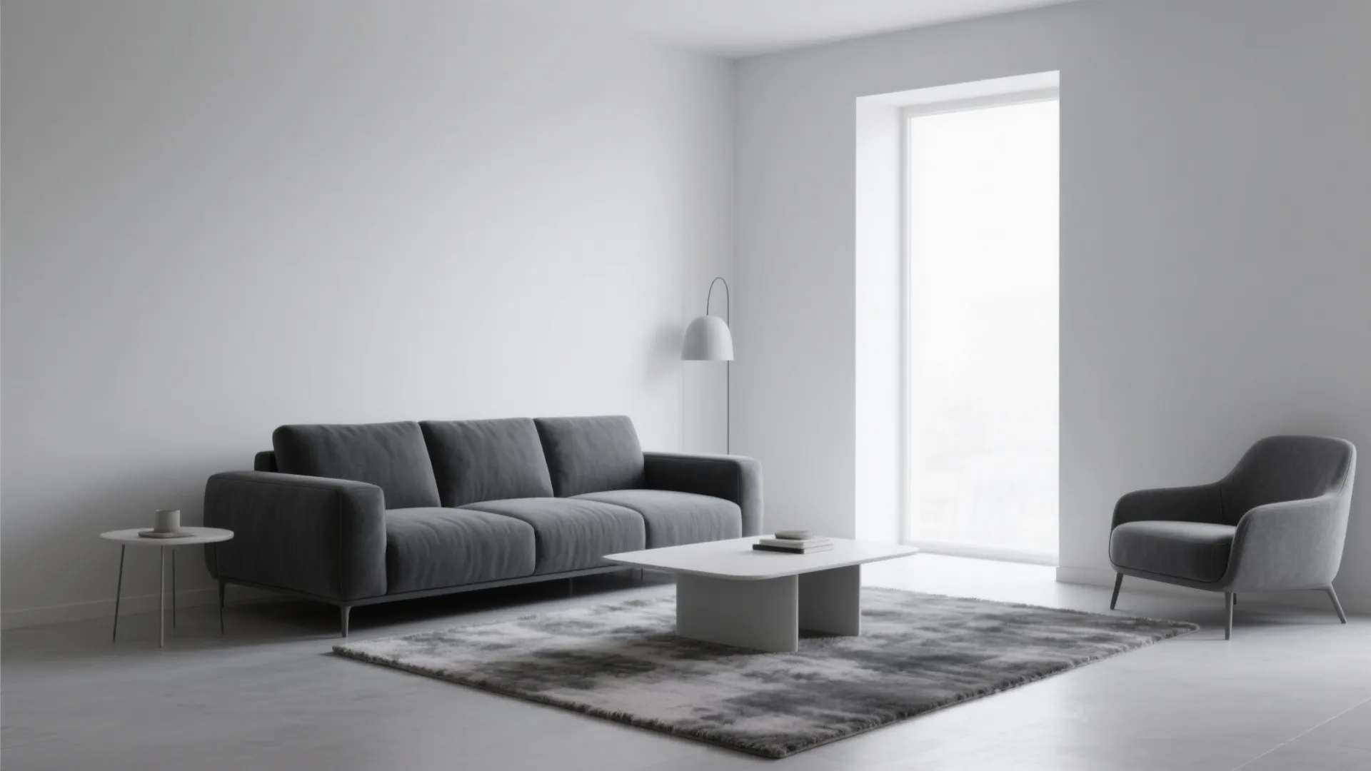 Minimalist living room with white walls, grey sofa, armchair, coffee table, rug, and floor lamp