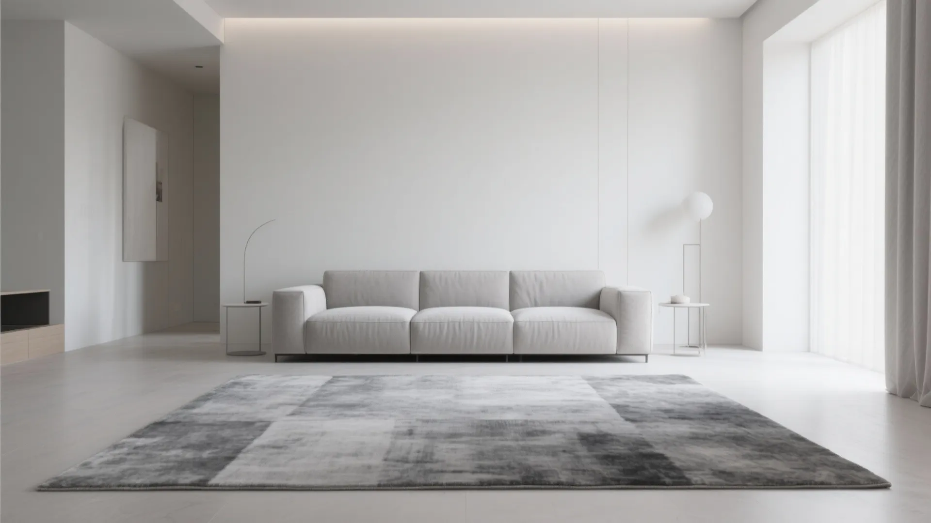 Minimalist white living room with simple white sofa and a grey checkered rug on floor