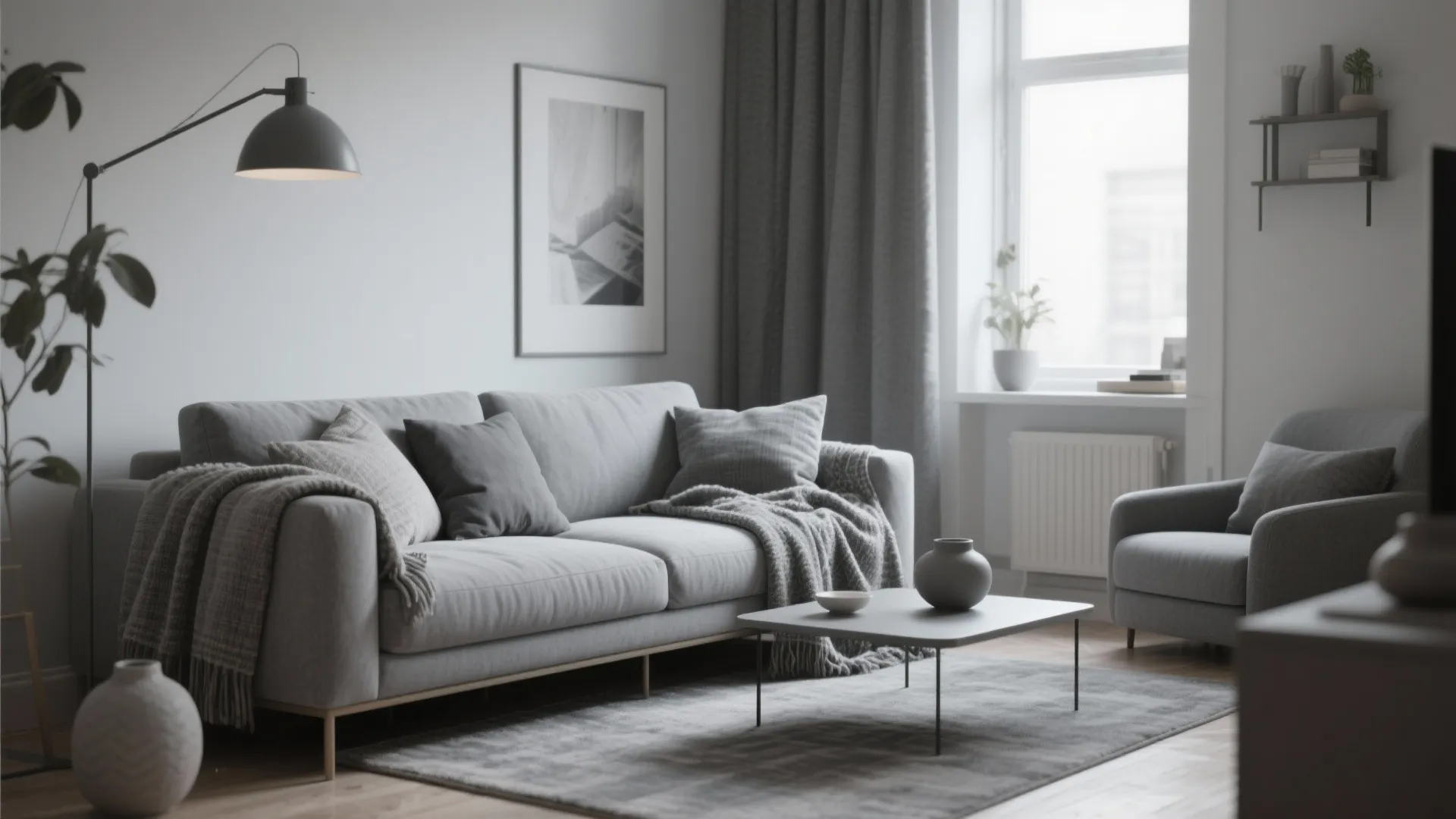 Minimalist living room in layered grey tones with textures
