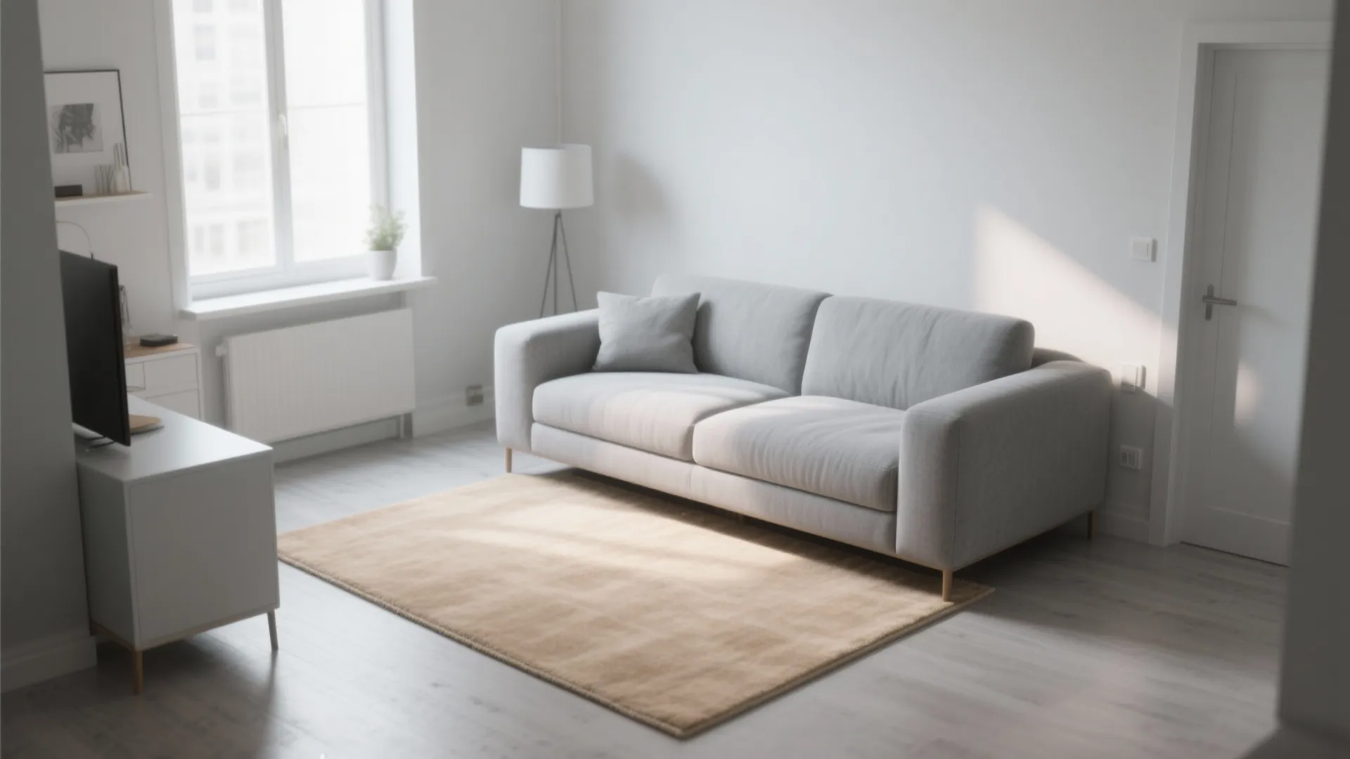 Minimalist grey and tan living room with sleek sofa and rug