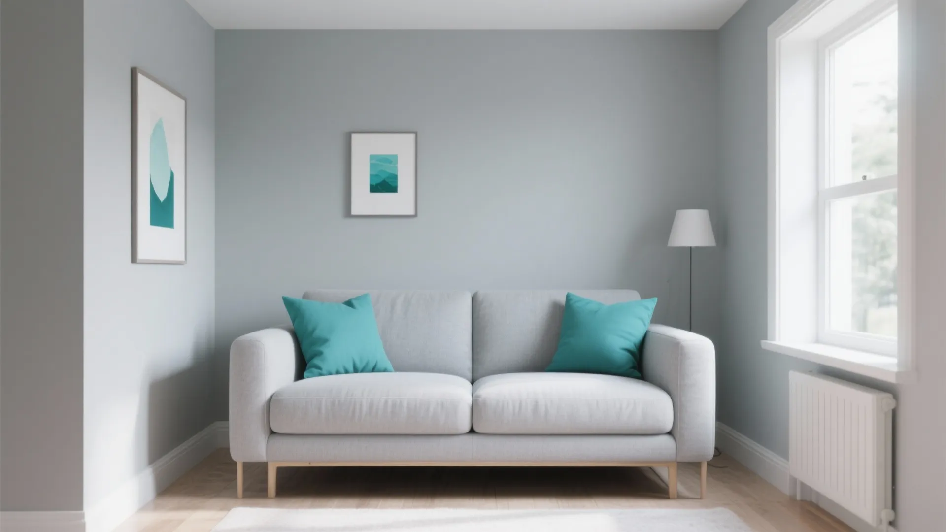 Small minimalist living room with grey base and teal cushions