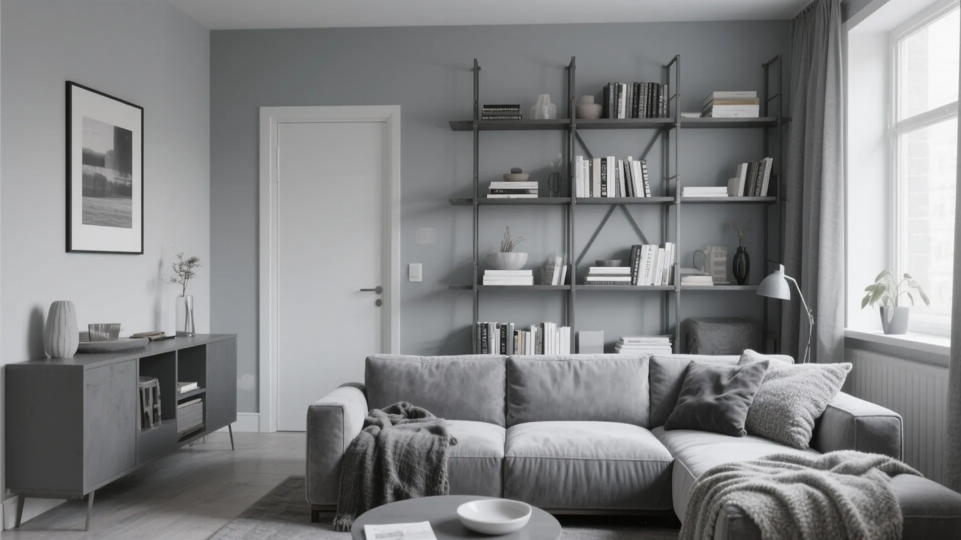 Minimalist grey living room with layered textiles in a small apartment