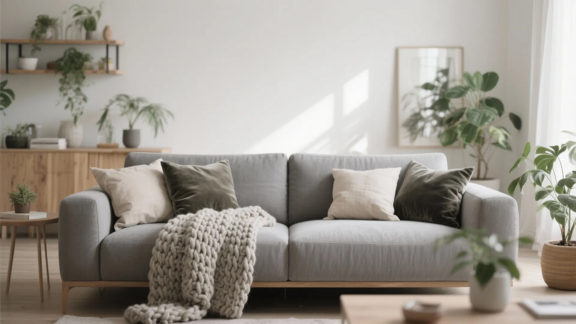 Minimalist living room with grey sofa layered with textured throws and cushions