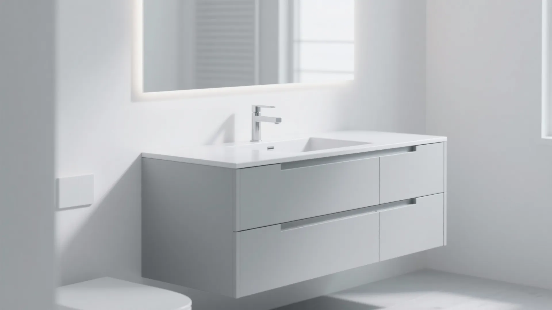 Clean white bathroom with grey wall cabinet showing simple drawers sink and large lit mirror