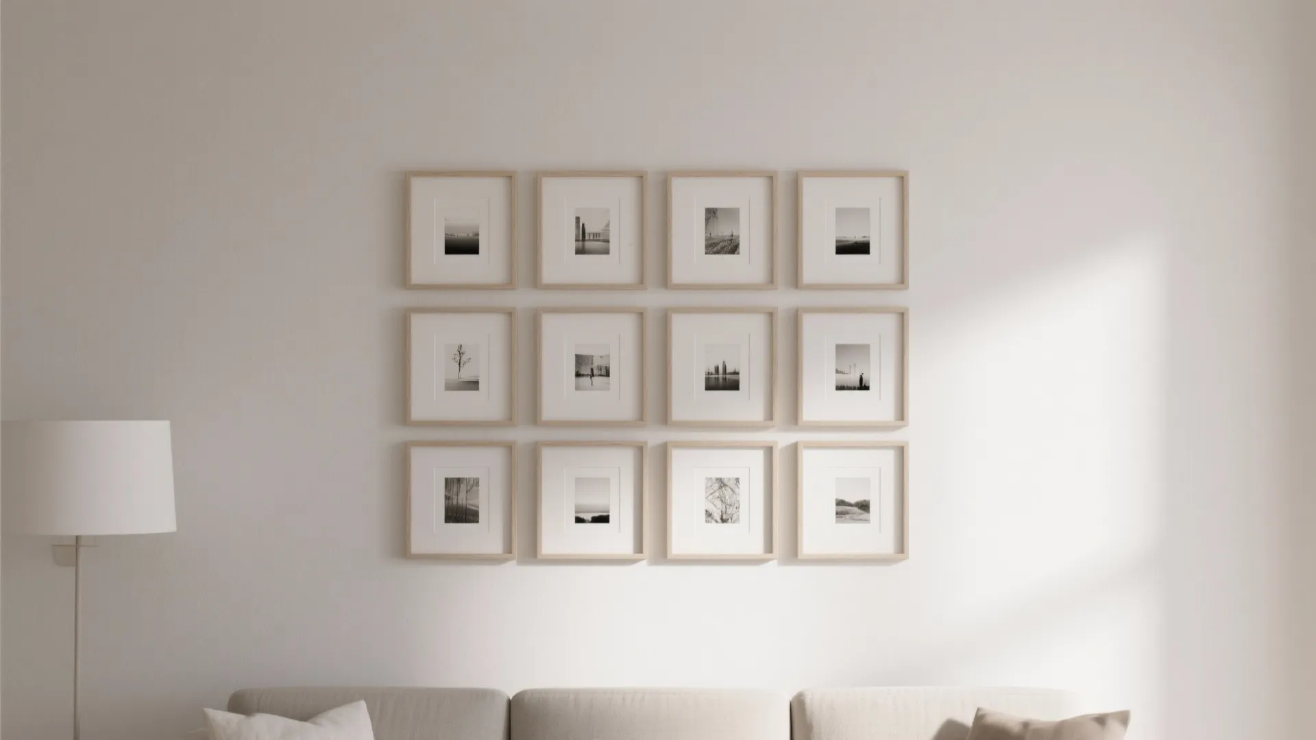 Minimalist 3x3 grid display of matching 4x6 photo frames on a neutral wall