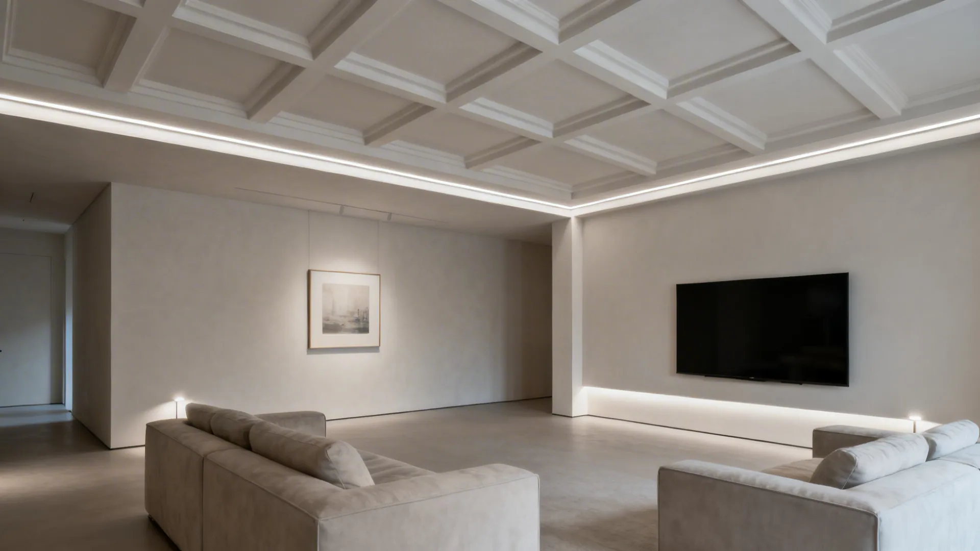 Minimalist ceiling grid with hidden linear LEDs defines paths in an L-shaped living room.