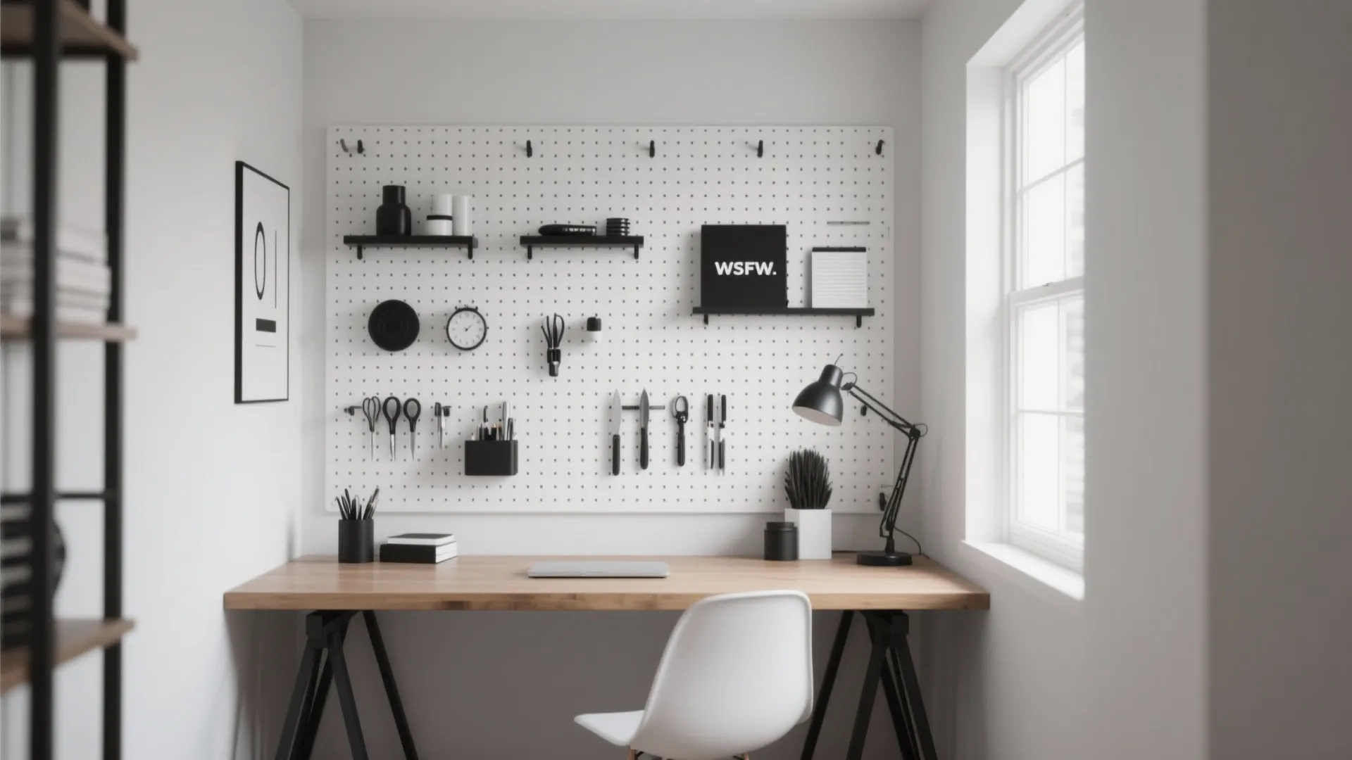 Minimalist pegboard with evenly spaced black and white accessories