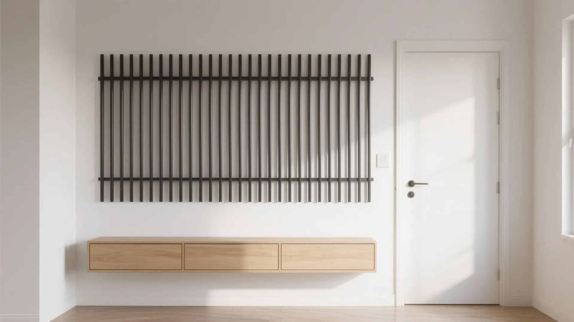 Minimalist white room featuring black vertical wall slats above a light wood floating storage cabinet