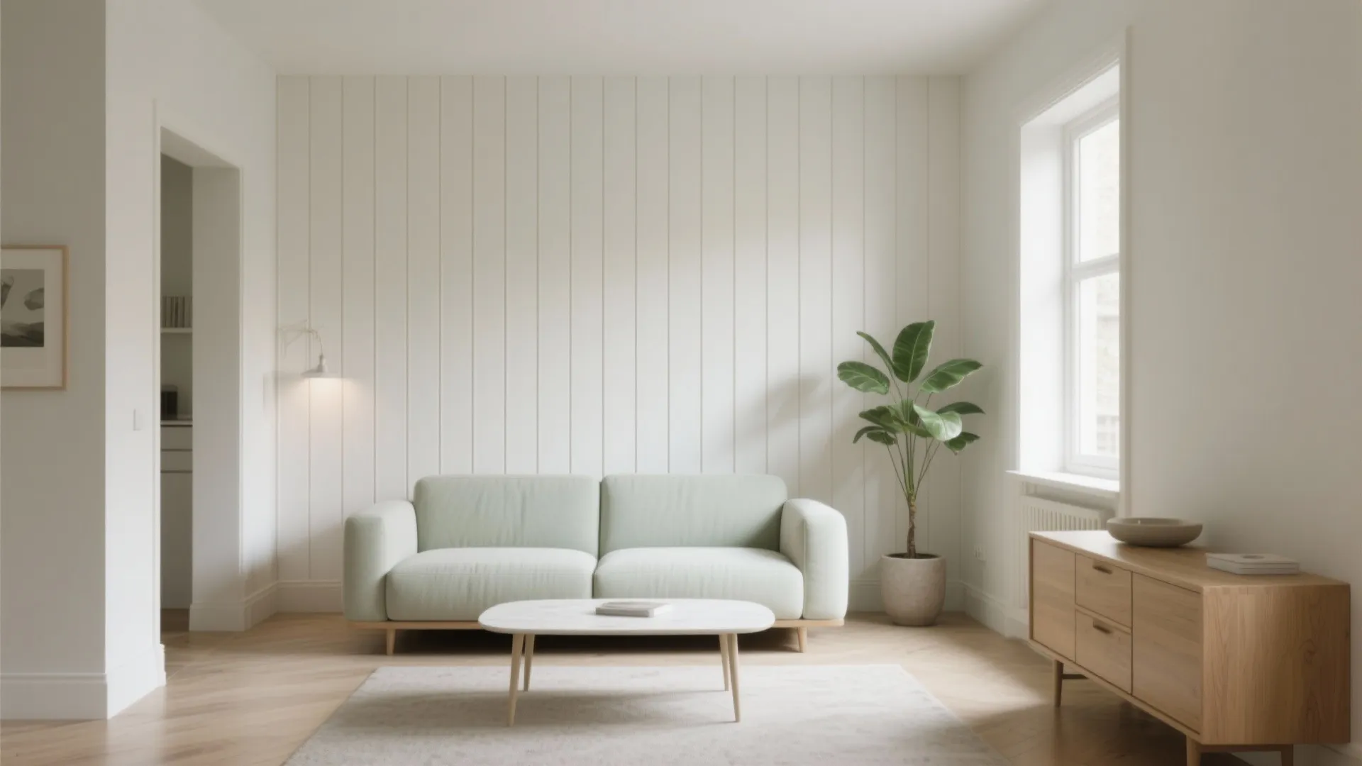 Minimalist living room with light green sofa white wall panel wood floor and small green plant