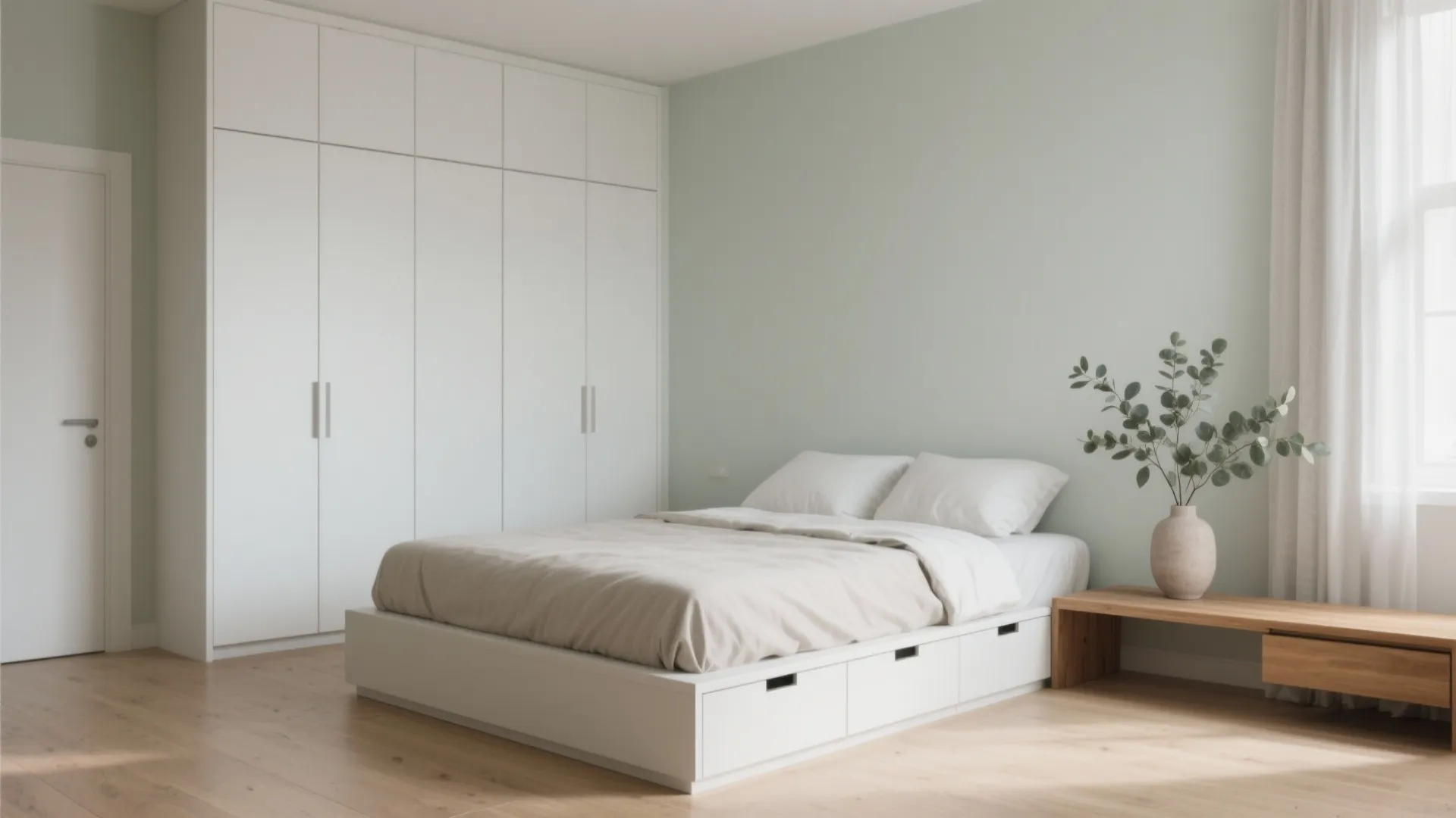 Minimalist bedroom with white storage bed green wall large white wardrobe wooden floor and plant