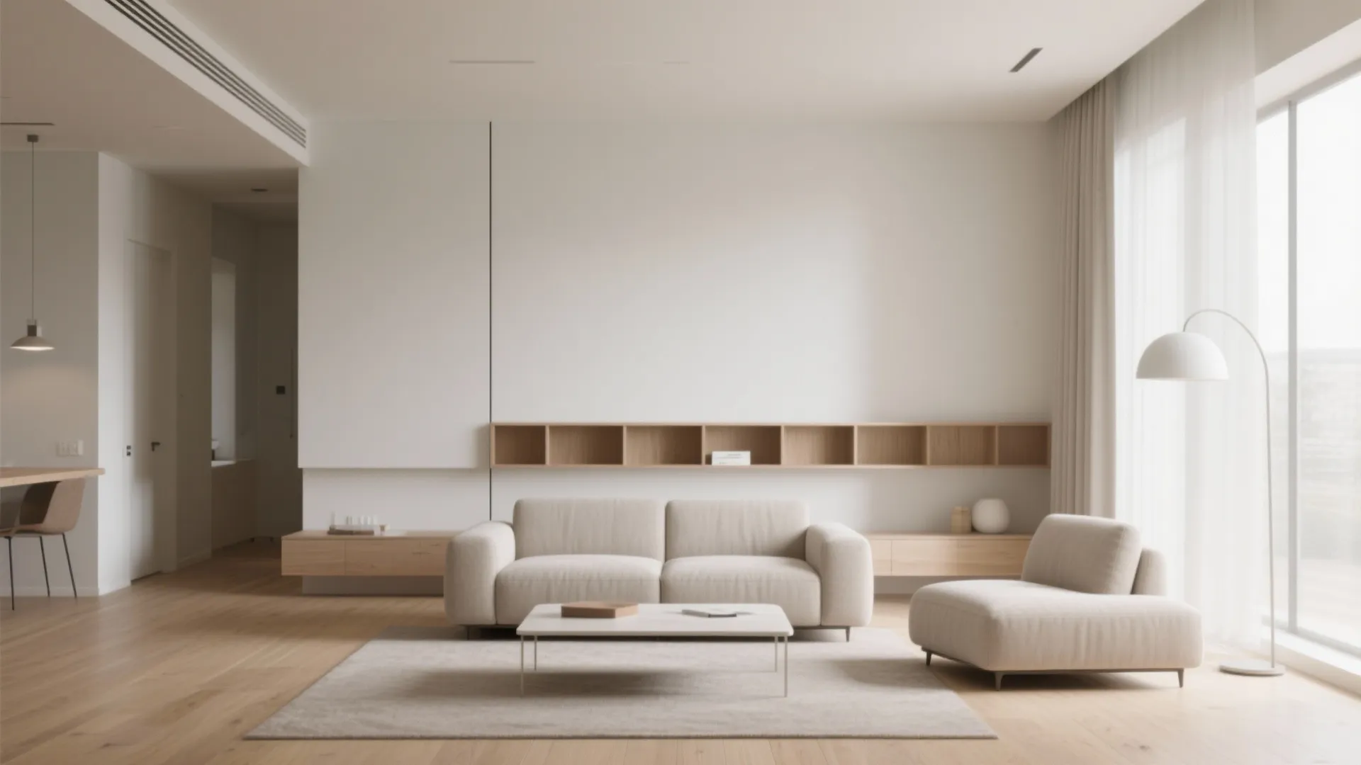 Minimalist living room with beige sofa wood coffee table white walls and built-in wooden shelving