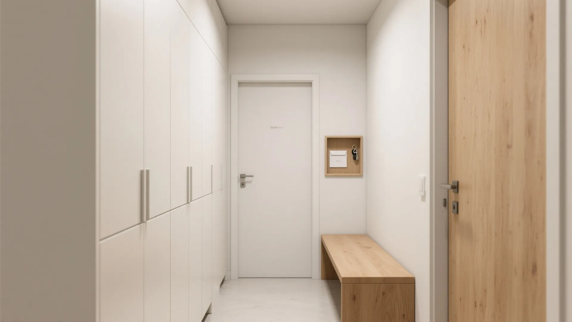 Minimalist white entrance hall with wooden bench large storage cabinet and natural wood door design