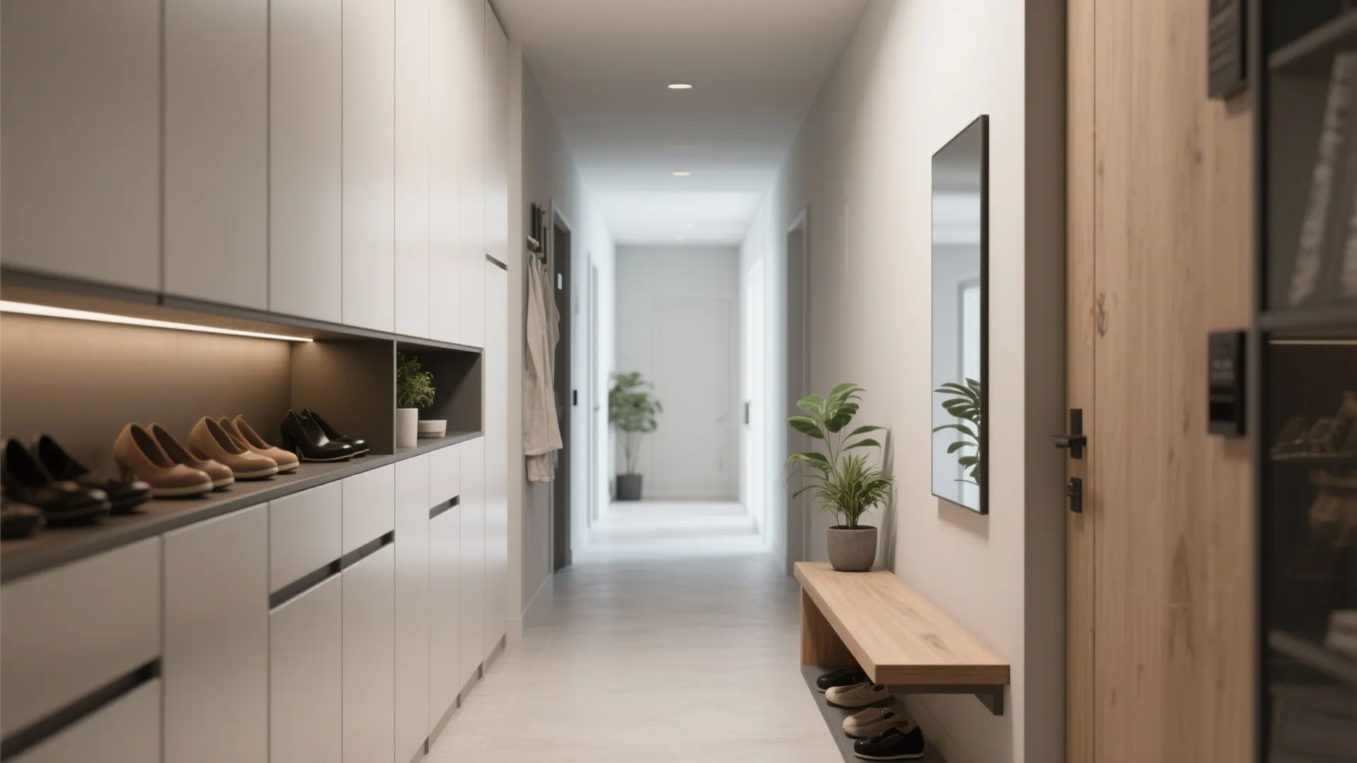 Modern hallway with white built-in storage cabinets for shoes a wooden bench and long mirror