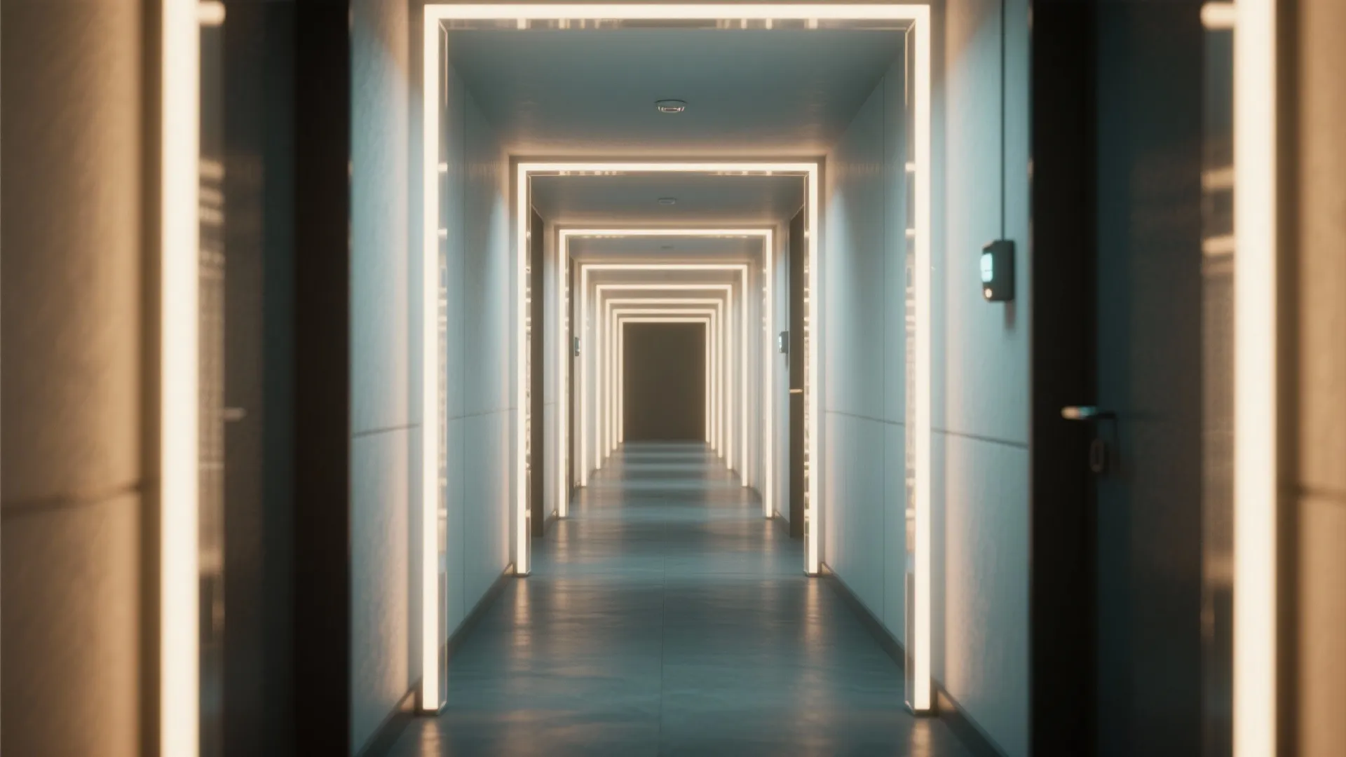Narrow hallway lit by slim diffused LED frames, improving navigation and safety.