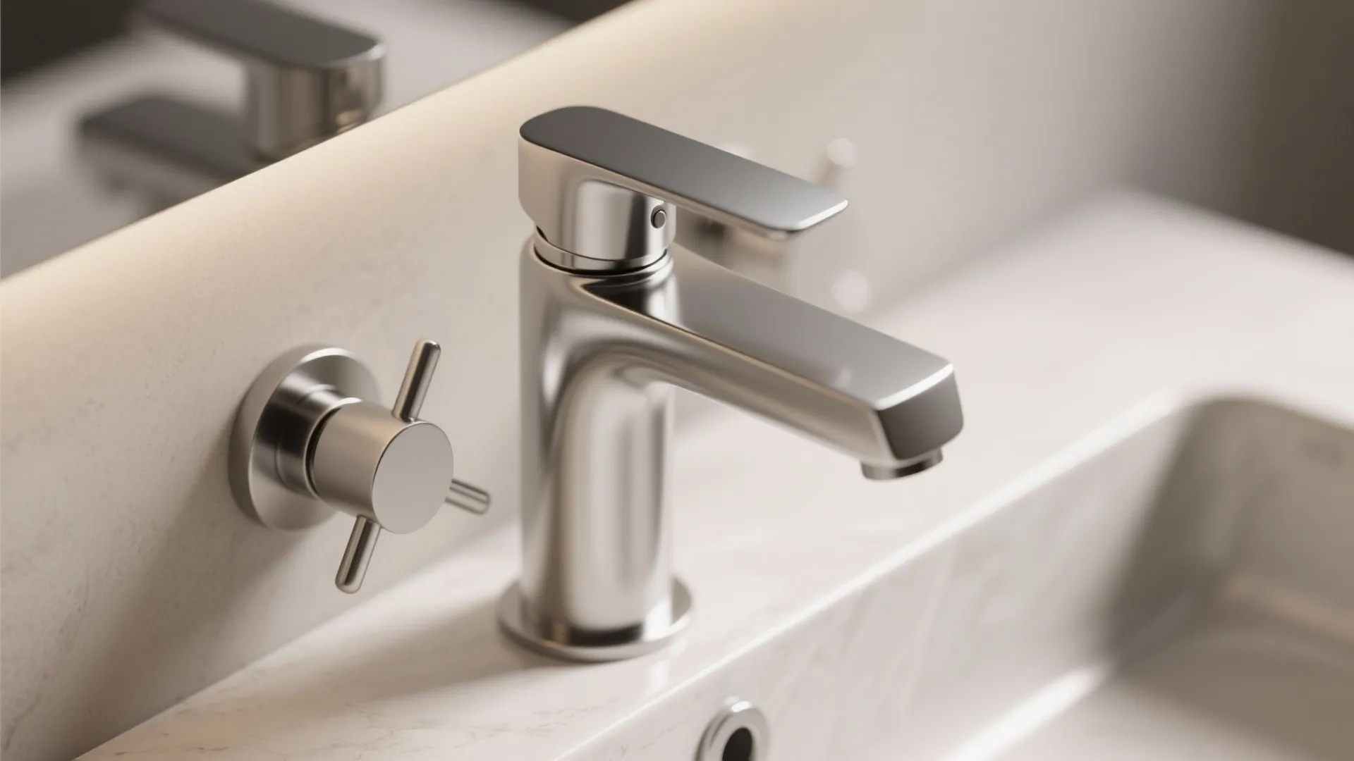 Slim minimalist chrome bathroom tap and handle