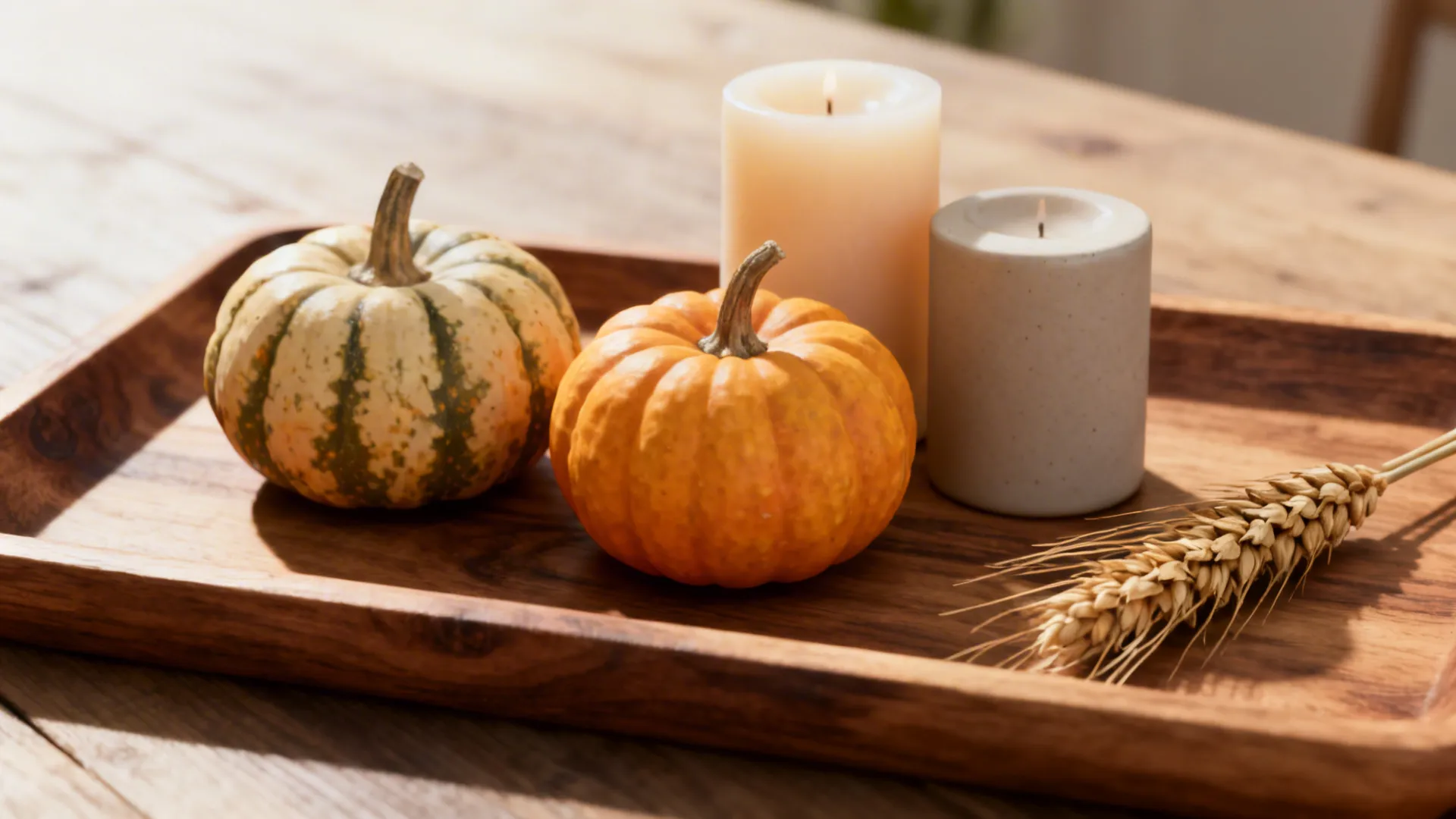 Close-up of a wooden tray with small gourds, pillar candles and dried wheat