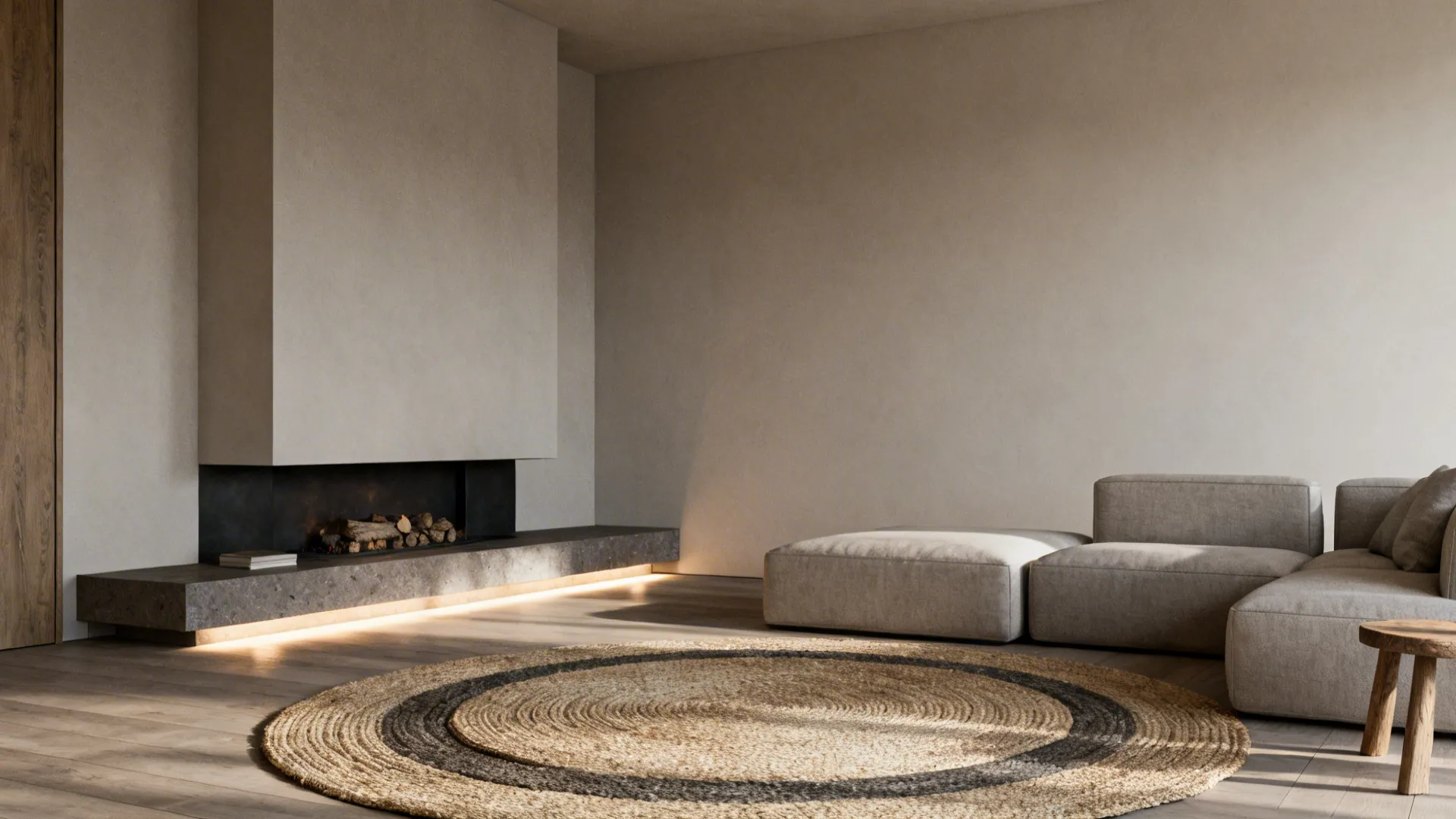 Minimalist corner hearth with layered rugs, simple seating, and targeted lighting in a Scandinavian interior.