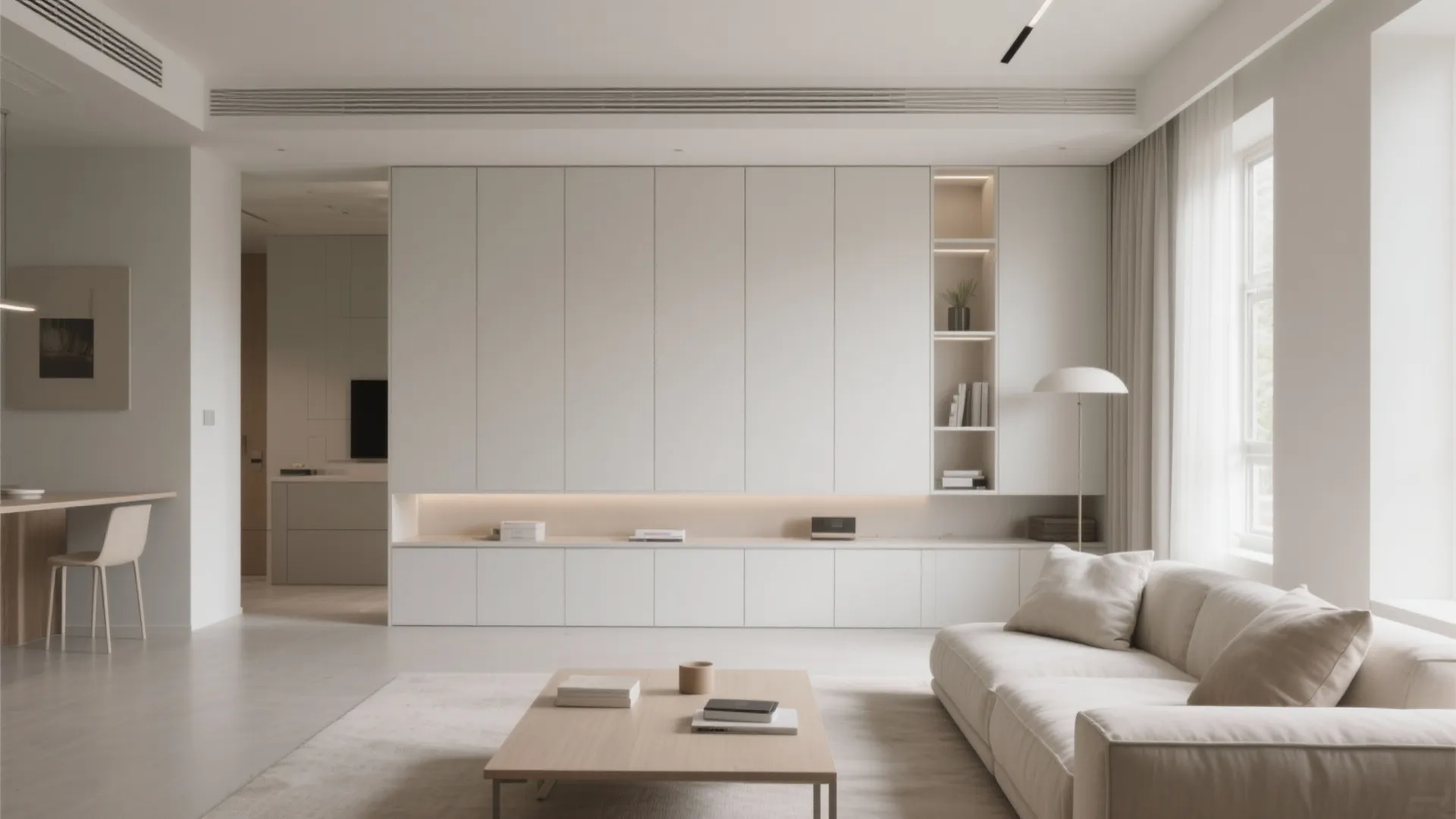 Minimalist lounge with built-in hidden storage in neutral colors