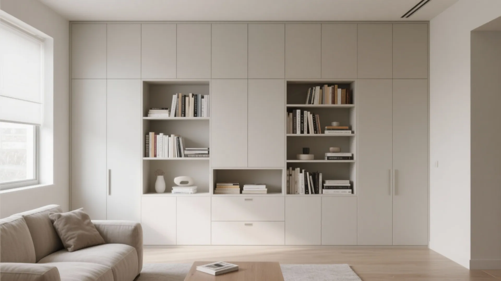 1. Minimalist Built-in Bookcase with Hidden Storage