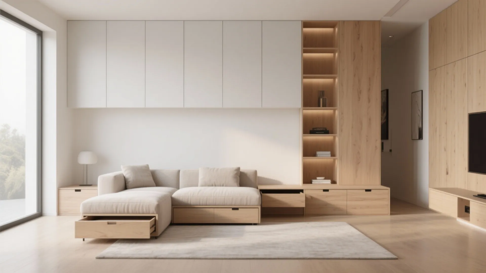 Minimalist living room showing a beige sofa with built in drawers and light wood wall cabinets