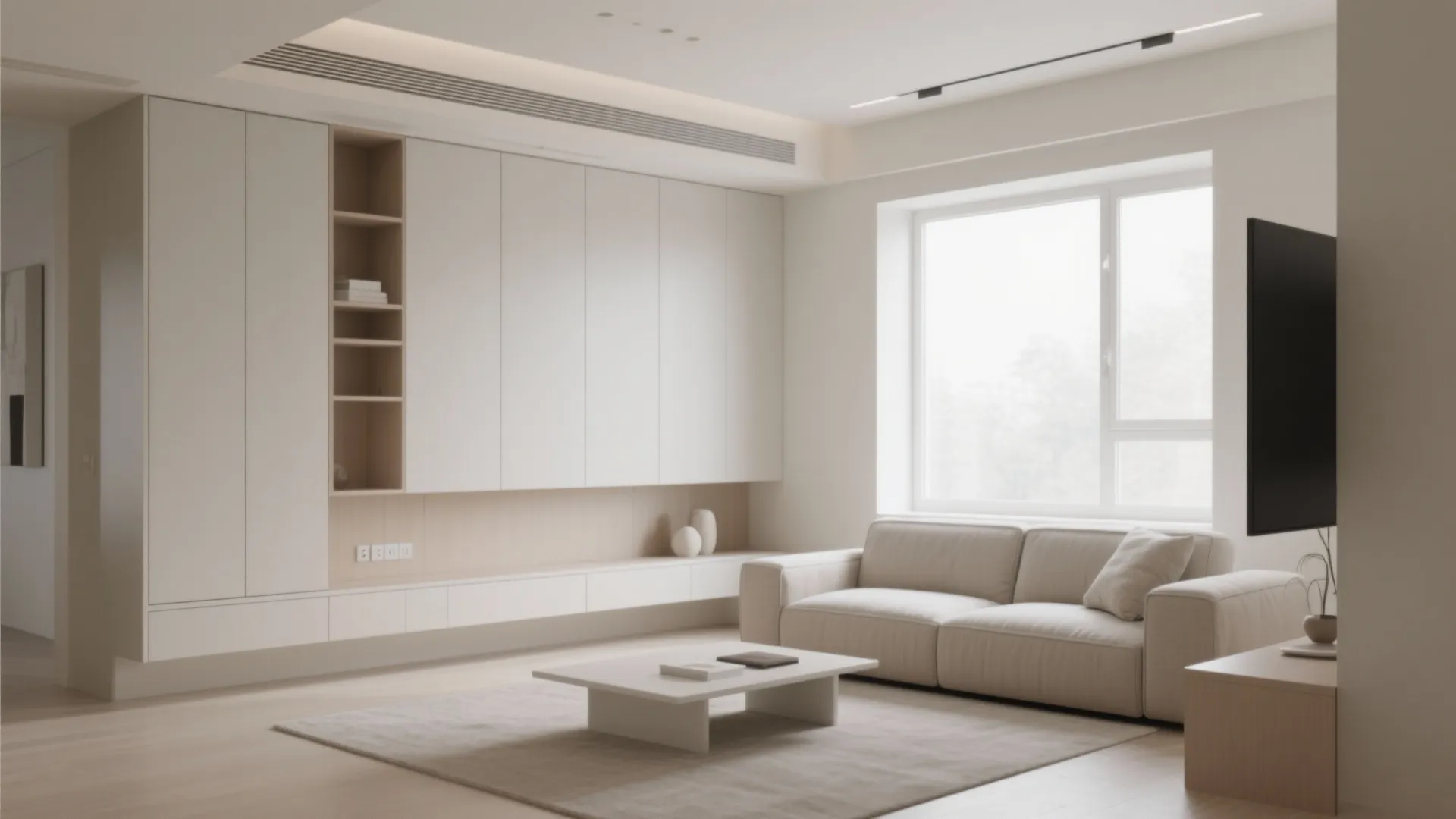 Modern white living room featuring integrated wall cabinet storage system minimalist sofa and light wood floor