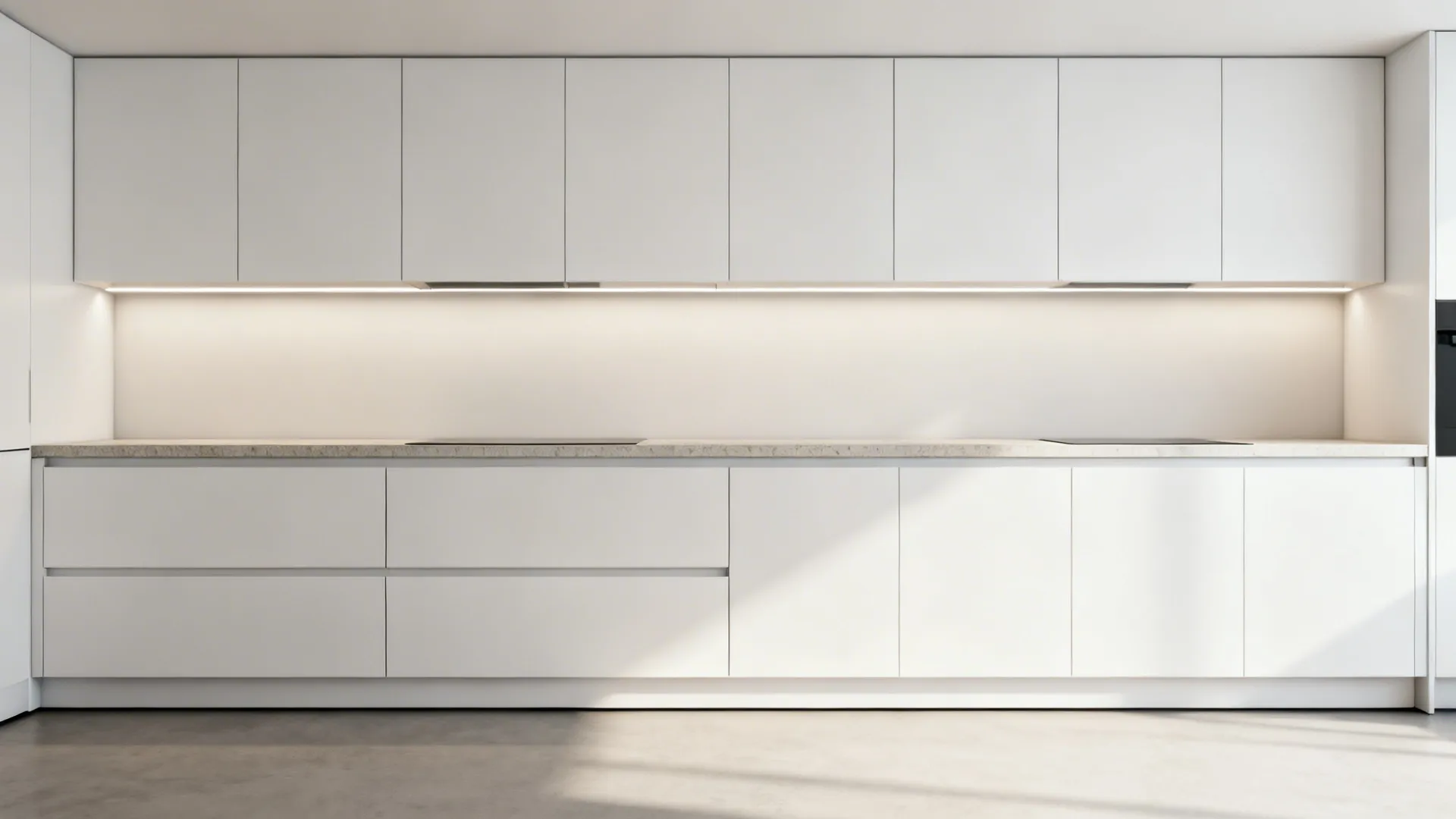 Minimalist kitchen elevation with full-height handleless doors, continuous toe-kick, and warm task lighting.