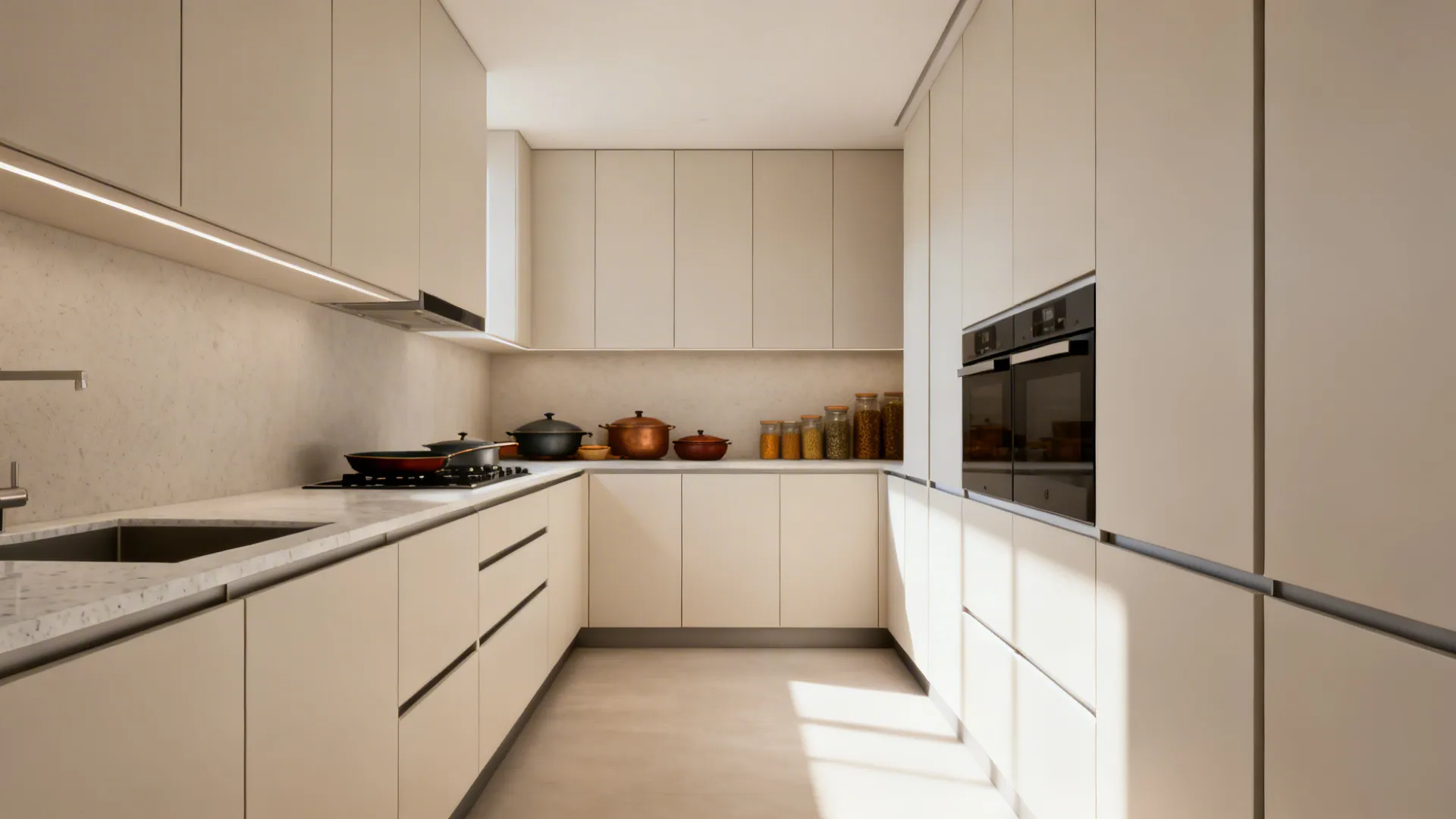 Narrow minimalist galley kitchen with flat matte handleless cabinets and hidden storage.