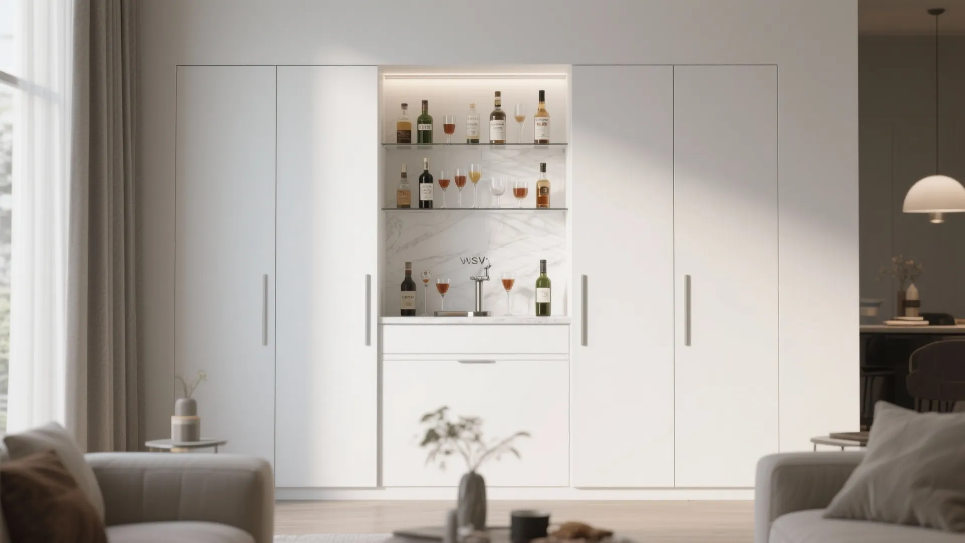 Minimalist white cabinet with hidden wine bar glass shelves and marble wall in a bright living-room