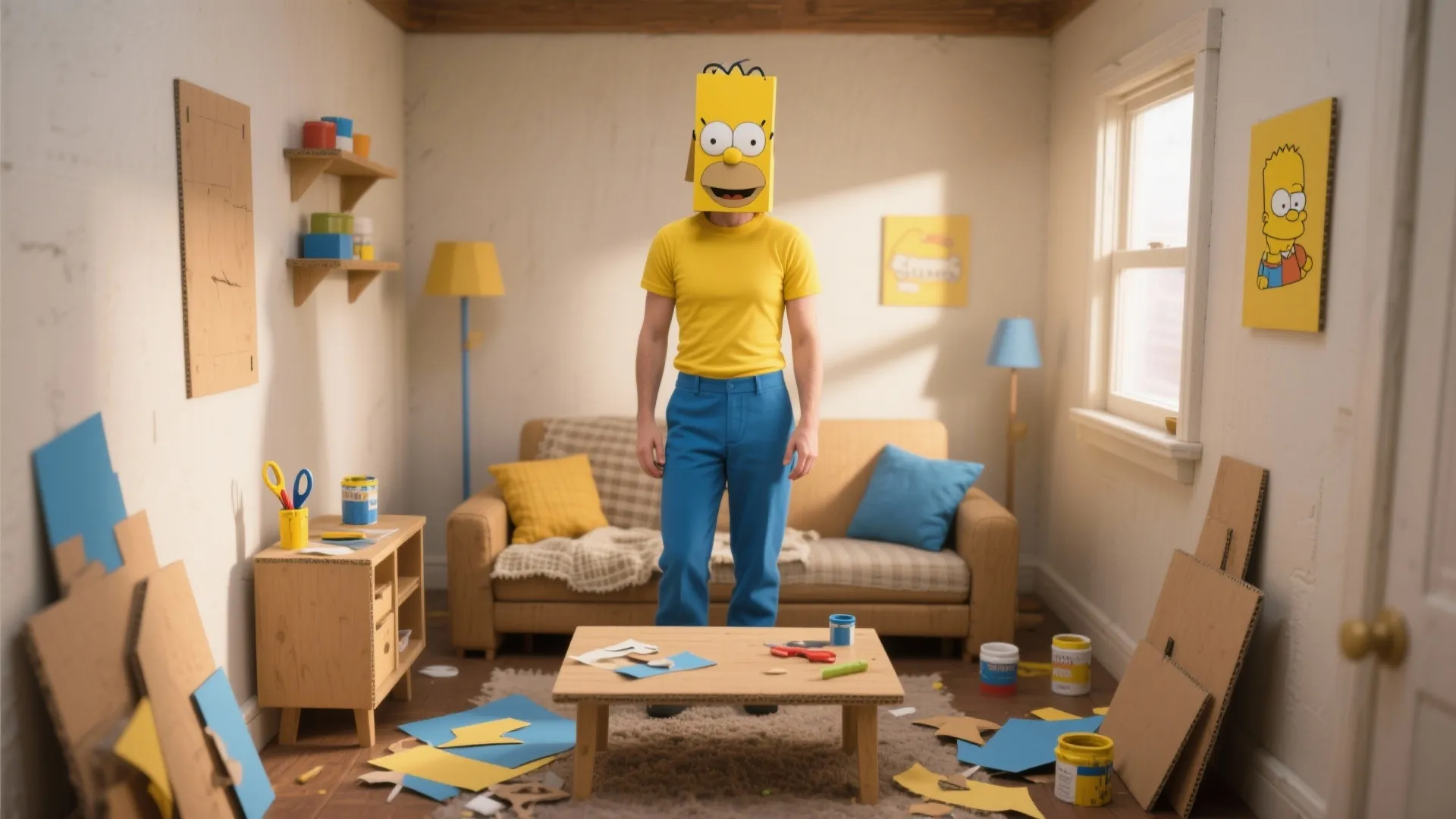 Man in yellow shirt and blue pants wearing cardboard head in messy room with sofa