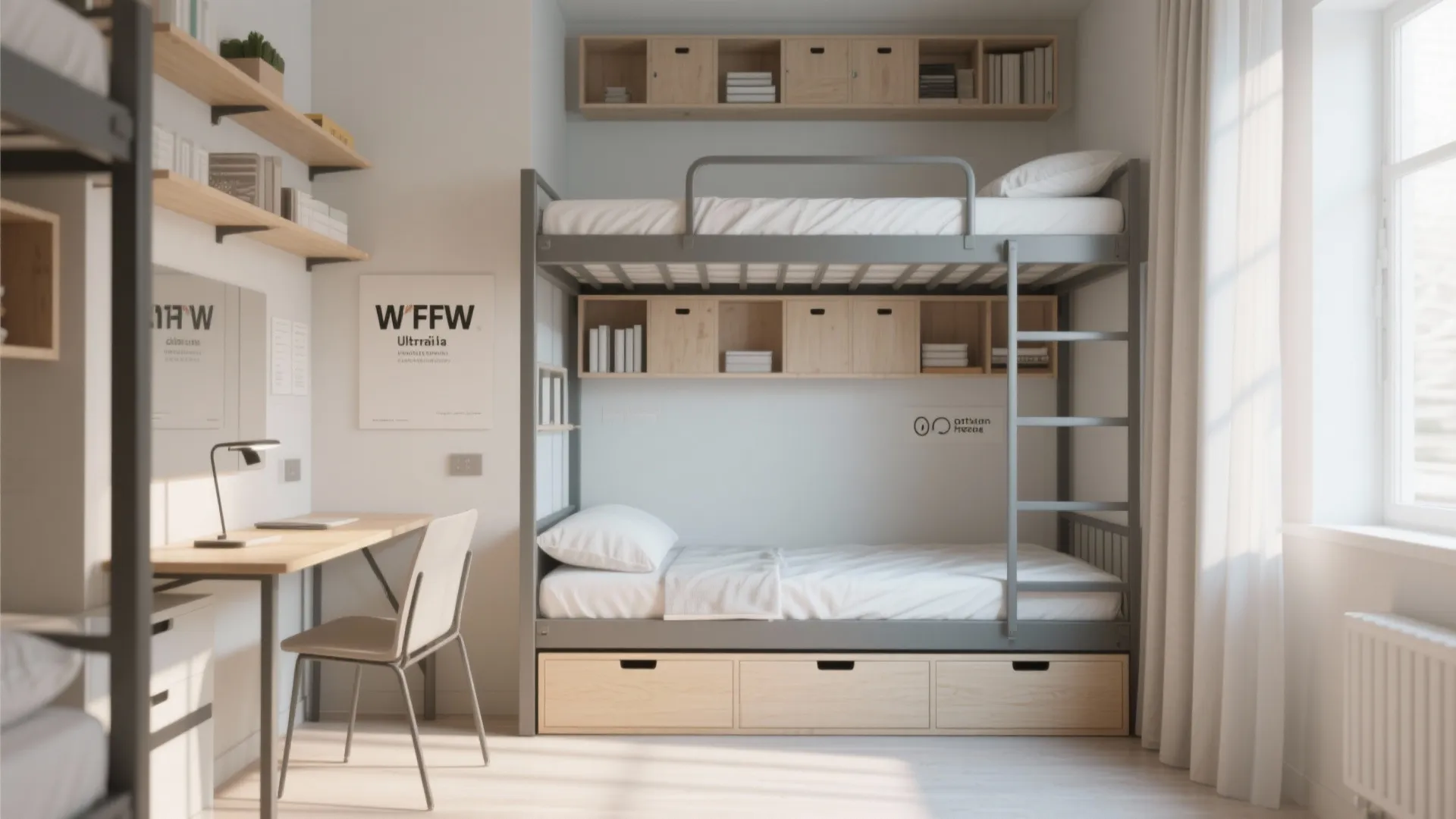Modern grey bunk bed with wooden storage drawers and a small desk in a room