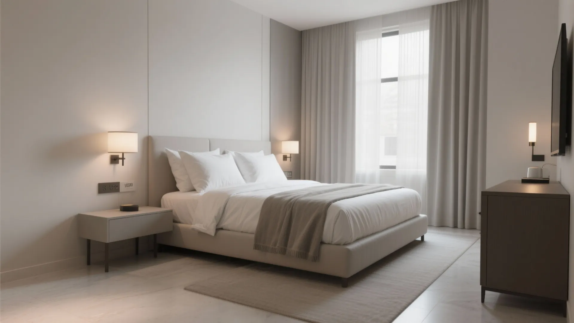 5) Hotel-Style Minimalist Setup: Low Platform, Sconces, No Dresser