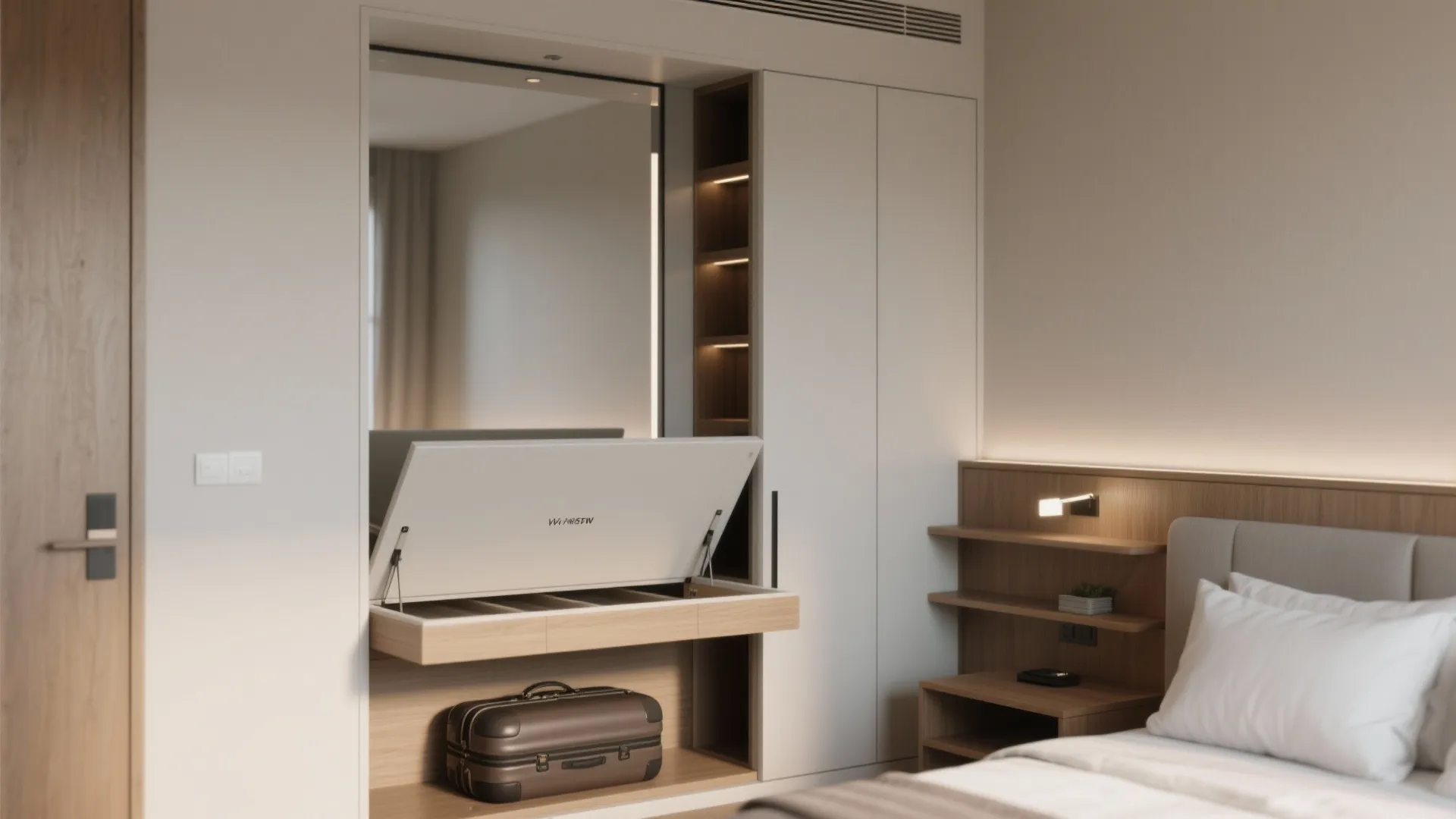 Built in hotel storage unit with open flip top desk mirror suitcase and white wall cabinets