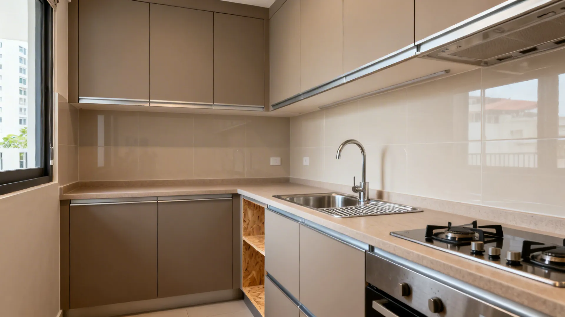 Minimalist HPL laminate cabinets with sealed edges in a humid Malaysian kitchen.