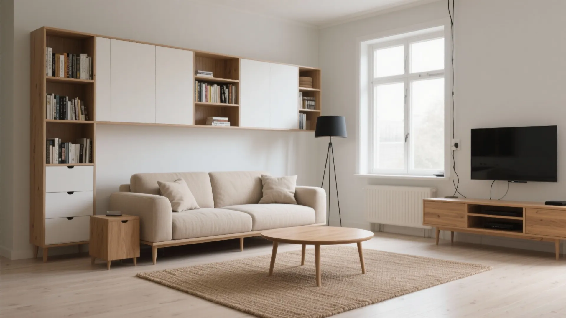 Minimalist living room with beige sofa wooden coffee table black floor lamp and wall cabinet