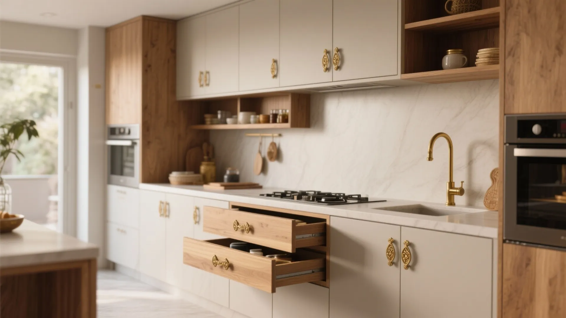 Minimalist kitchen storage with Indian flair