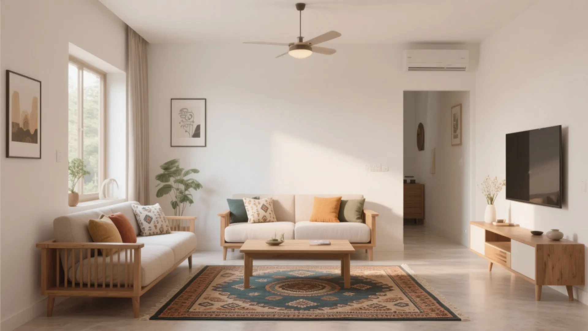Minimalist living room with wooden sofas patterned rug ceiling fan television cabinet and white plain walls