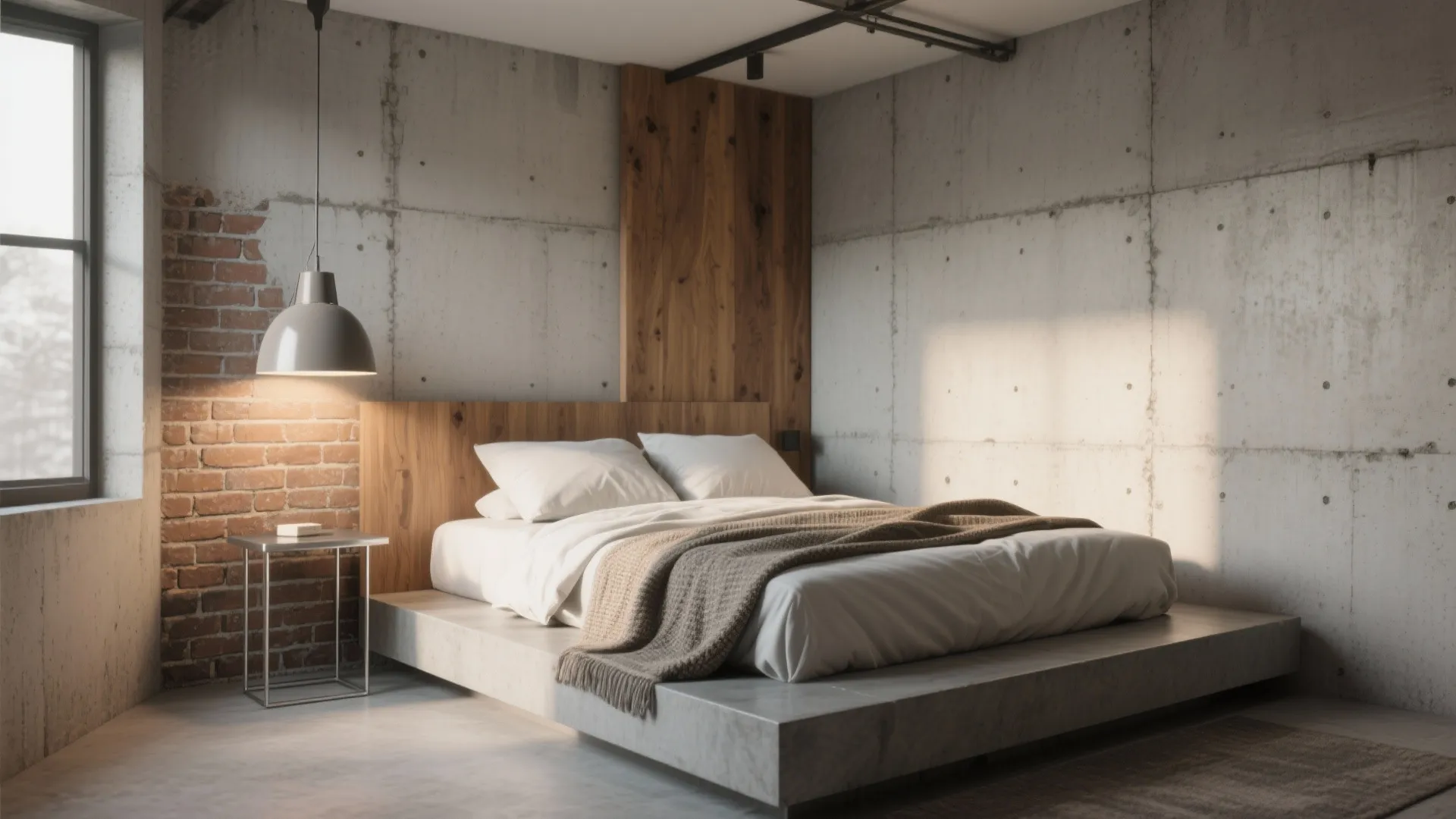 Minimalist industrial small bedroom with platform bed, exposed materials and warm textiles