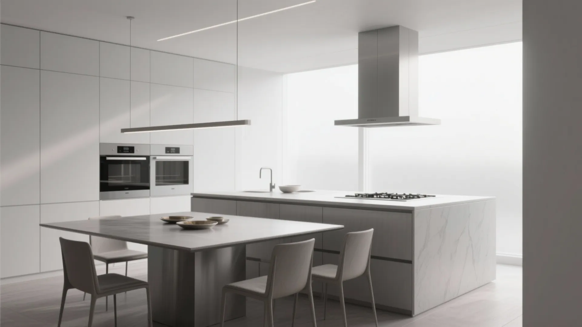 Minimalist kitchen island with integrated dining table