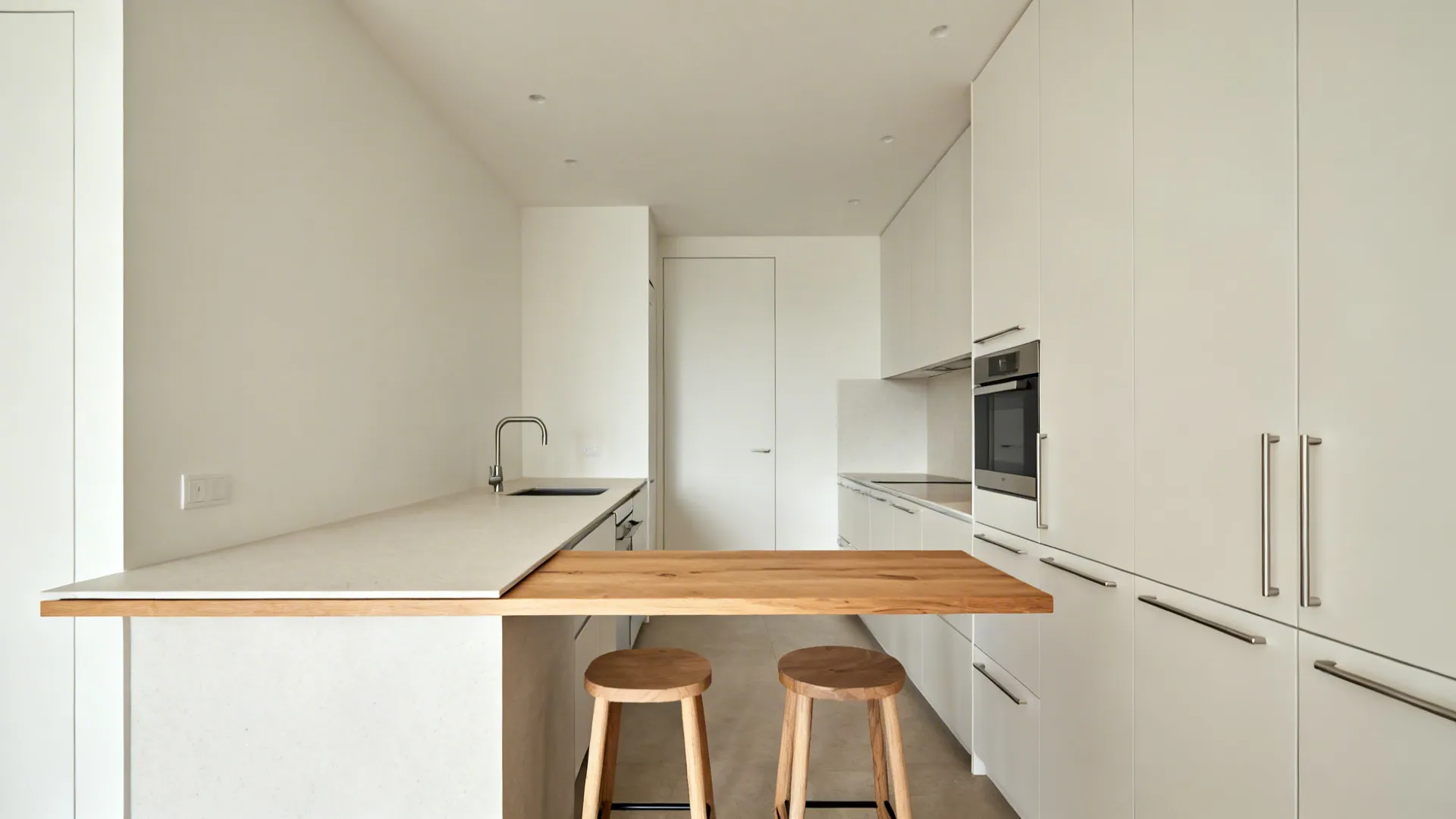 Minimalist slim island-table with cantilevered wood slab in a bright small kitchen.