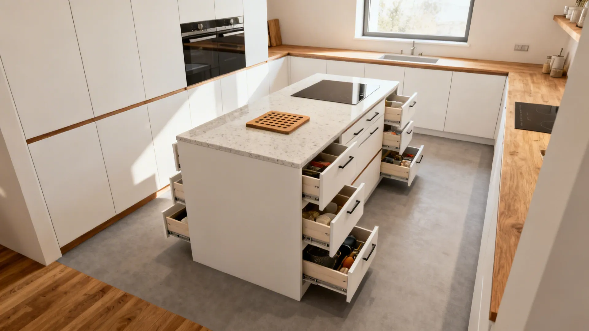 Slim 16-inch minimalist kitchen island with concealed storage and clear walkways.