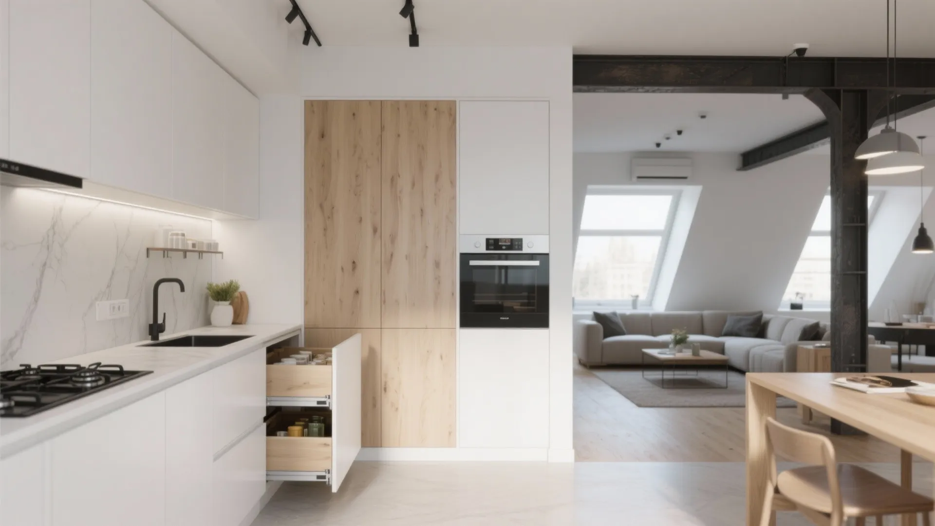 Modern white kitchen with wooden cabinets and open drawers showing storage space and living room