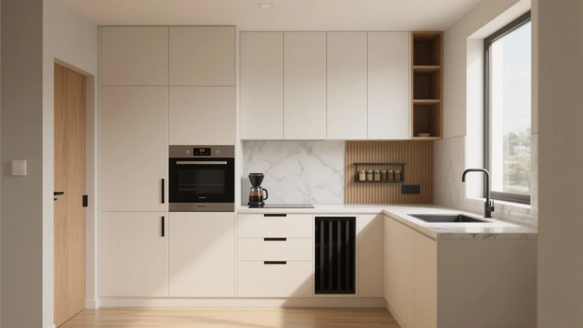 Minimalist white kitchen with marble backsplash black sink wooden wall panel and built in black oven