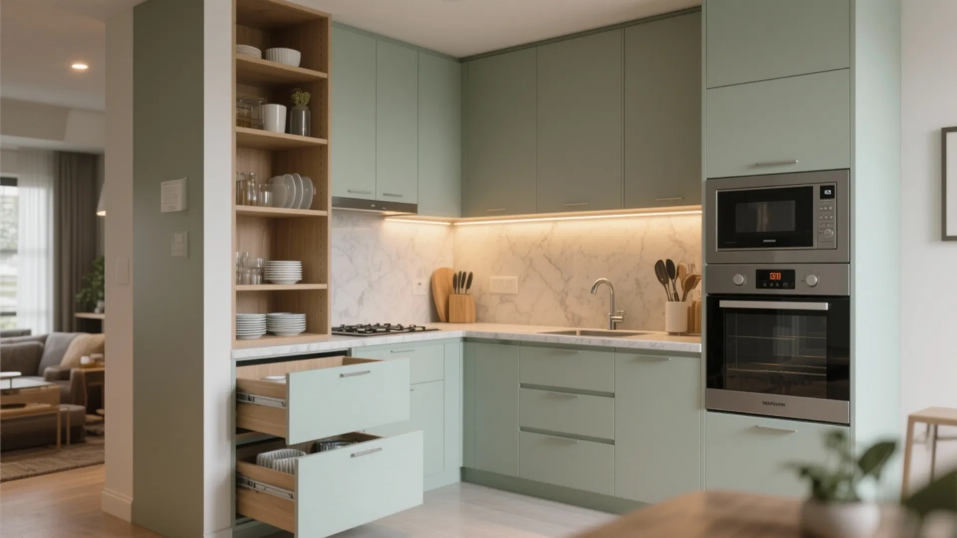 Minimalist storage in a small 1 BHK kitchen