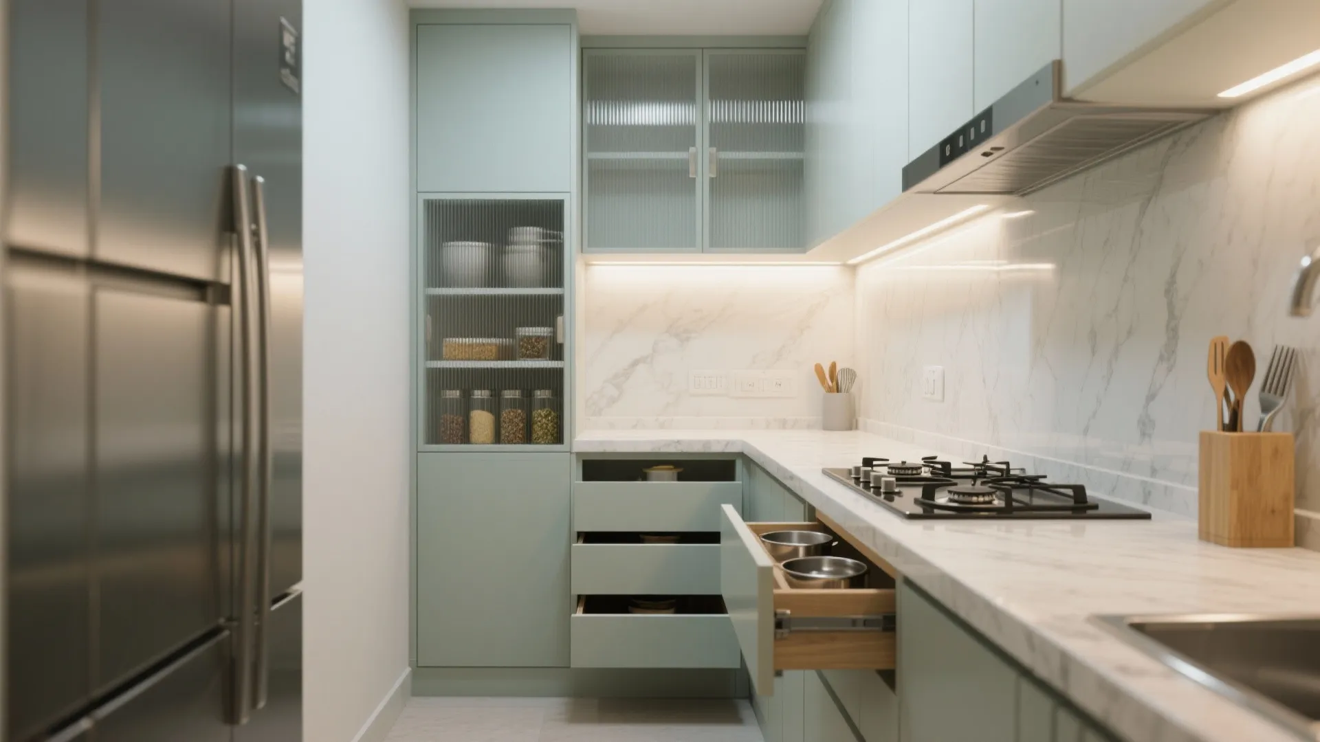 Minimalist kitchen storage that fits a 1 BHK
