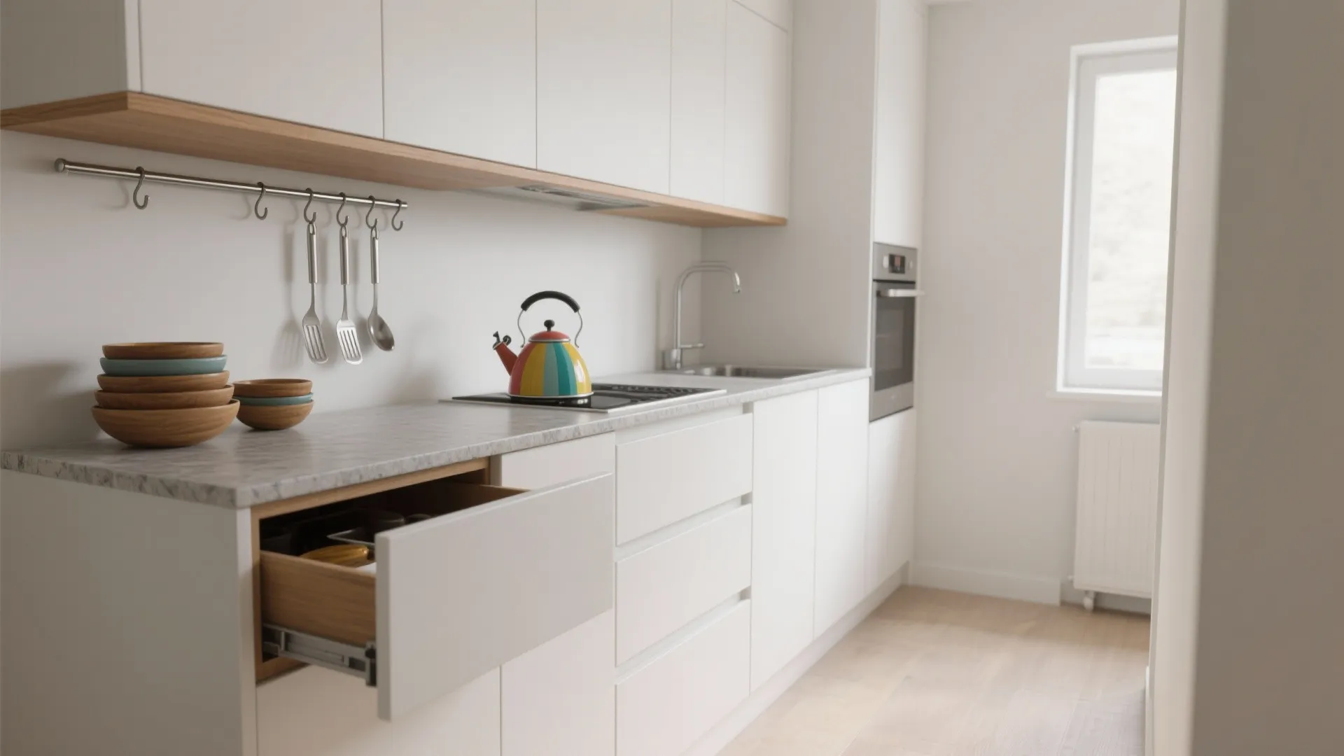 Modern white minimalist kitchen with marble countertop open drawer colorful tea kettle and wooden bowls
